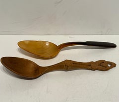 Set of Two Horn and Wood Decorated Folk Art Spoons