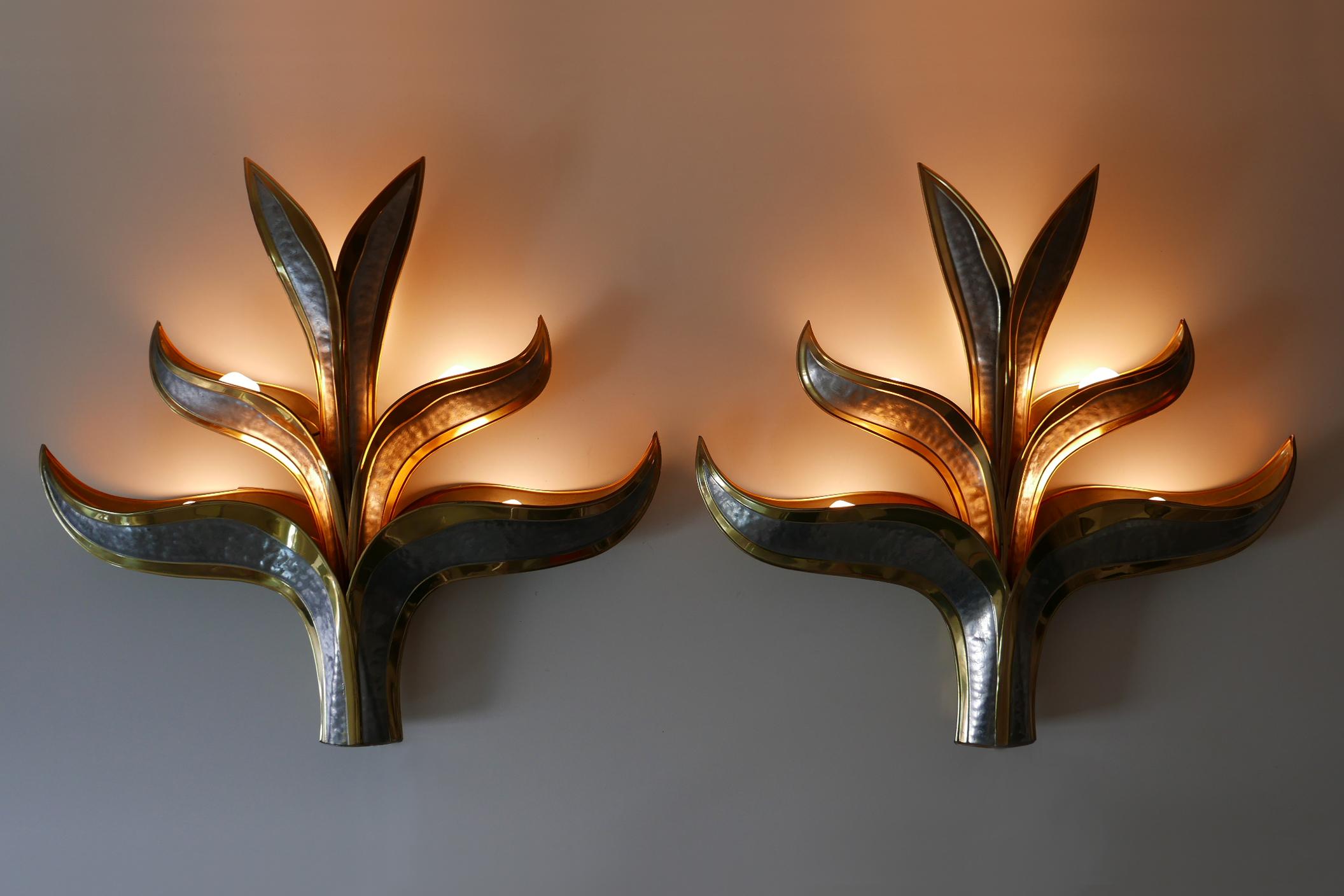 Hammered Set of Two Huge Brass 'Foliage' Wall Lamps or Sconces by Richard Faure, 1970s