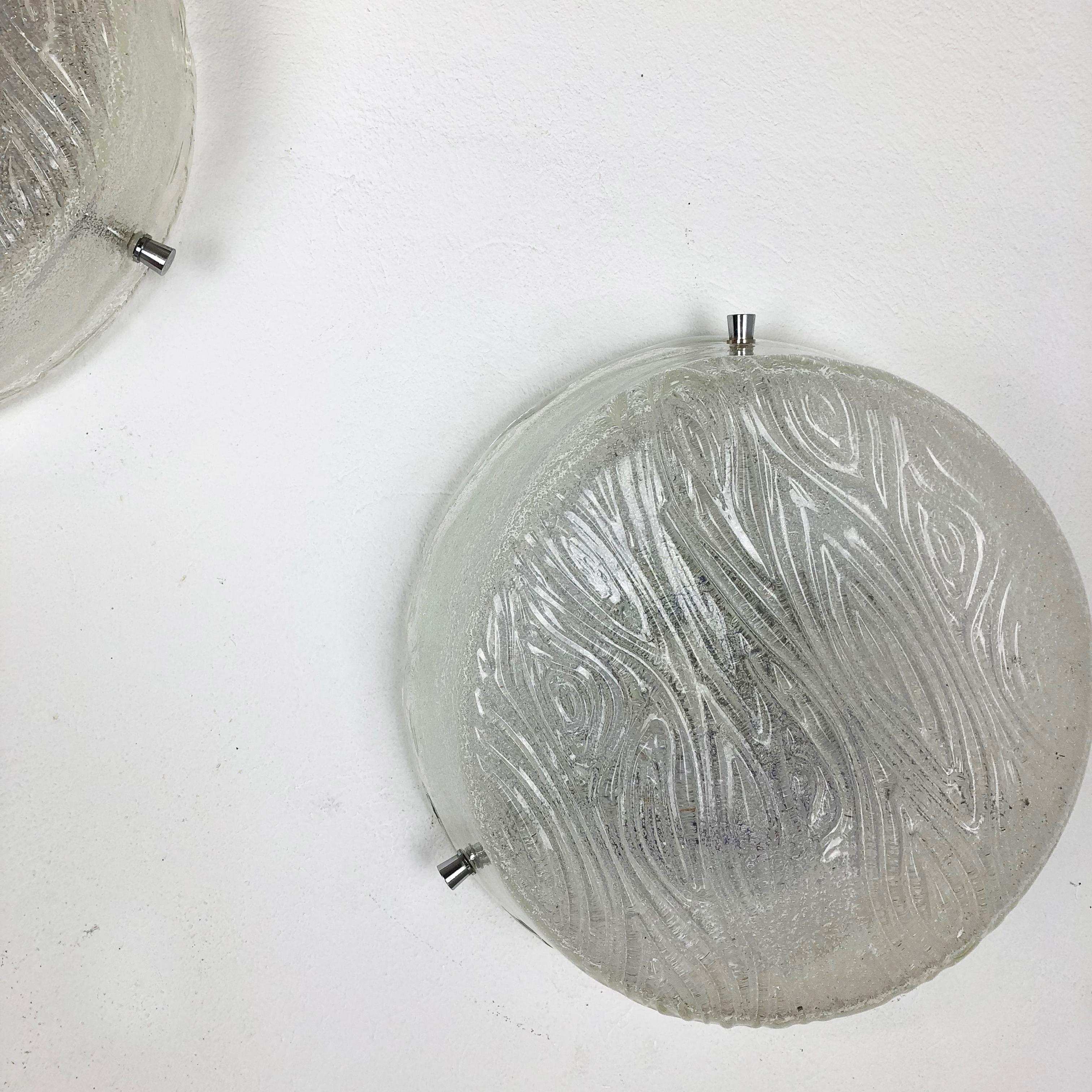 20th Century Set of Two Huge Ice Glass Wall Ceiling Light Sconces Kalmar Style, Germany 1970s For Sale