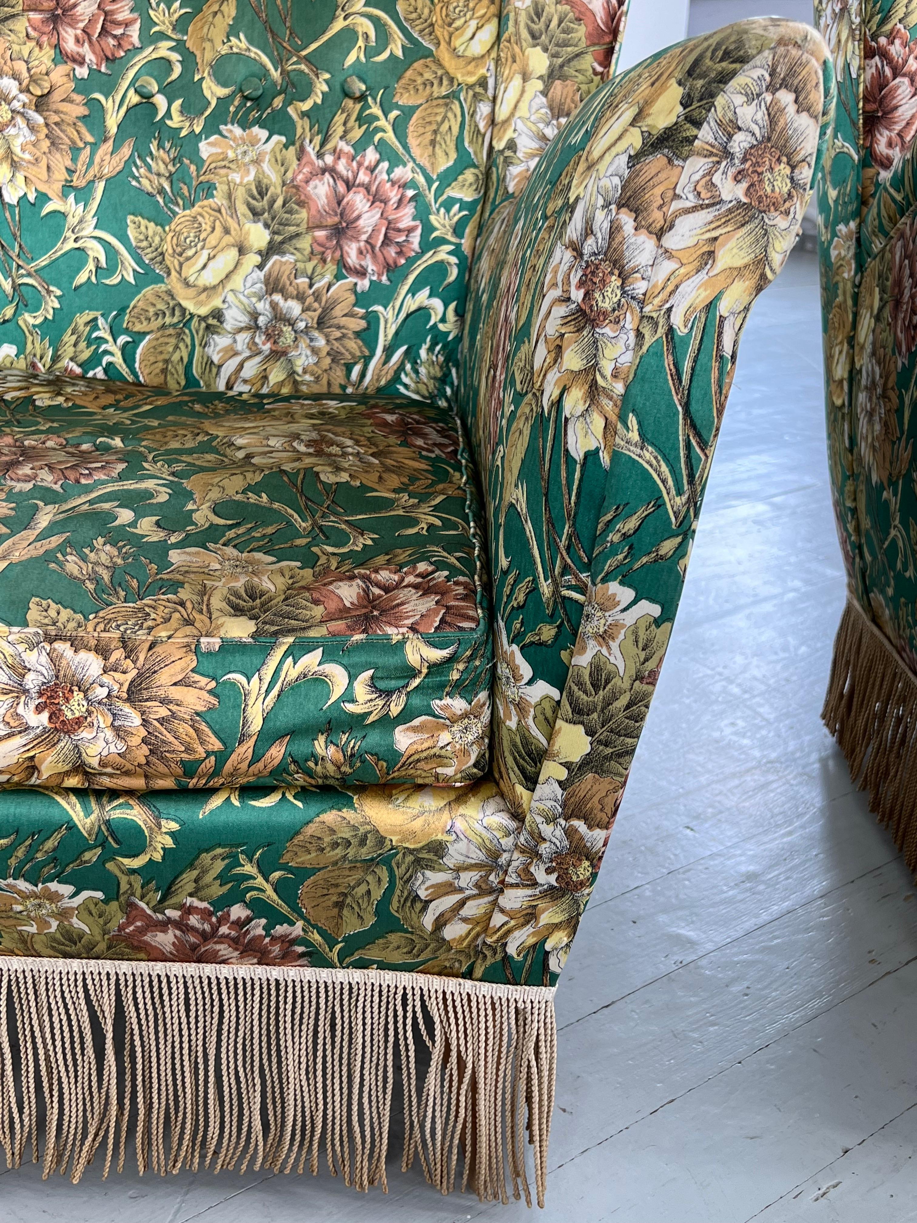 Set of Two I. S. A. Bergamo Italian Floral upholstered Wingback Chairs, 1950s For Sale 14