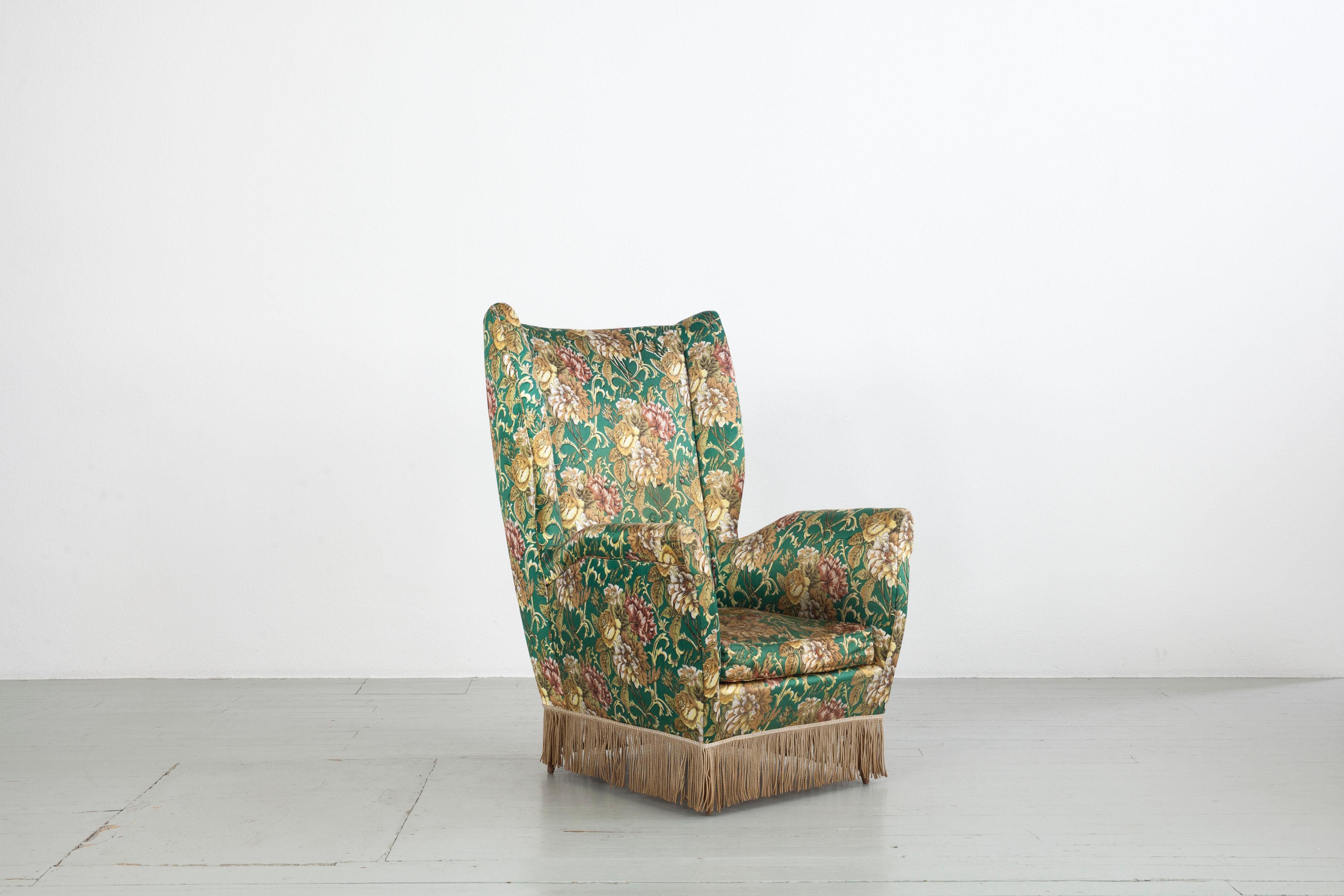 Mid-Century Modern Set of Two I. S. A. Bergamo Italian Floral upholstered Wingback Chairs, 1950s For Sale