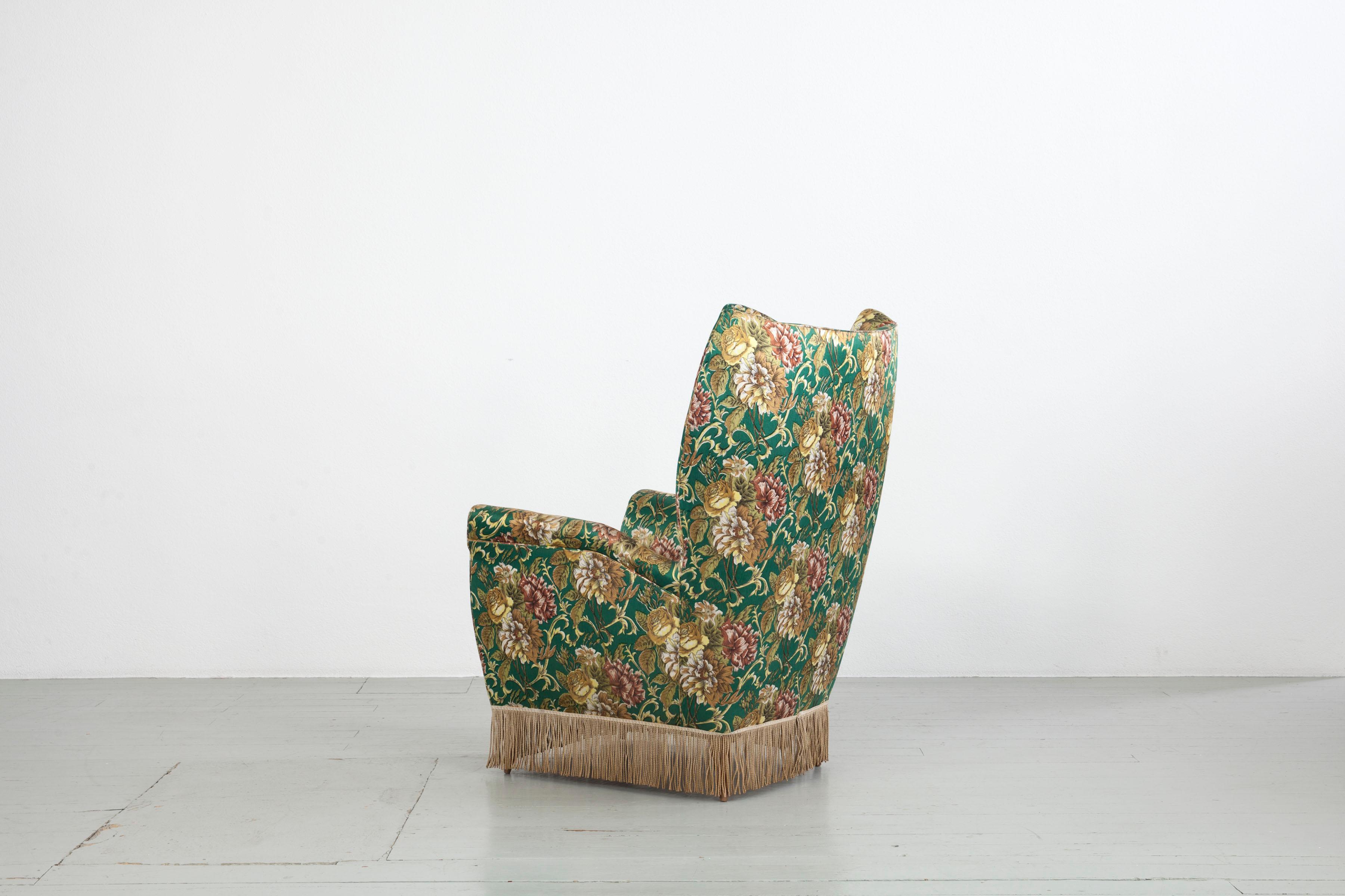 Set of Two I. S. A. Bergamo Italian Floral upholstered Wingback Chairs, 1950s For Sale 1