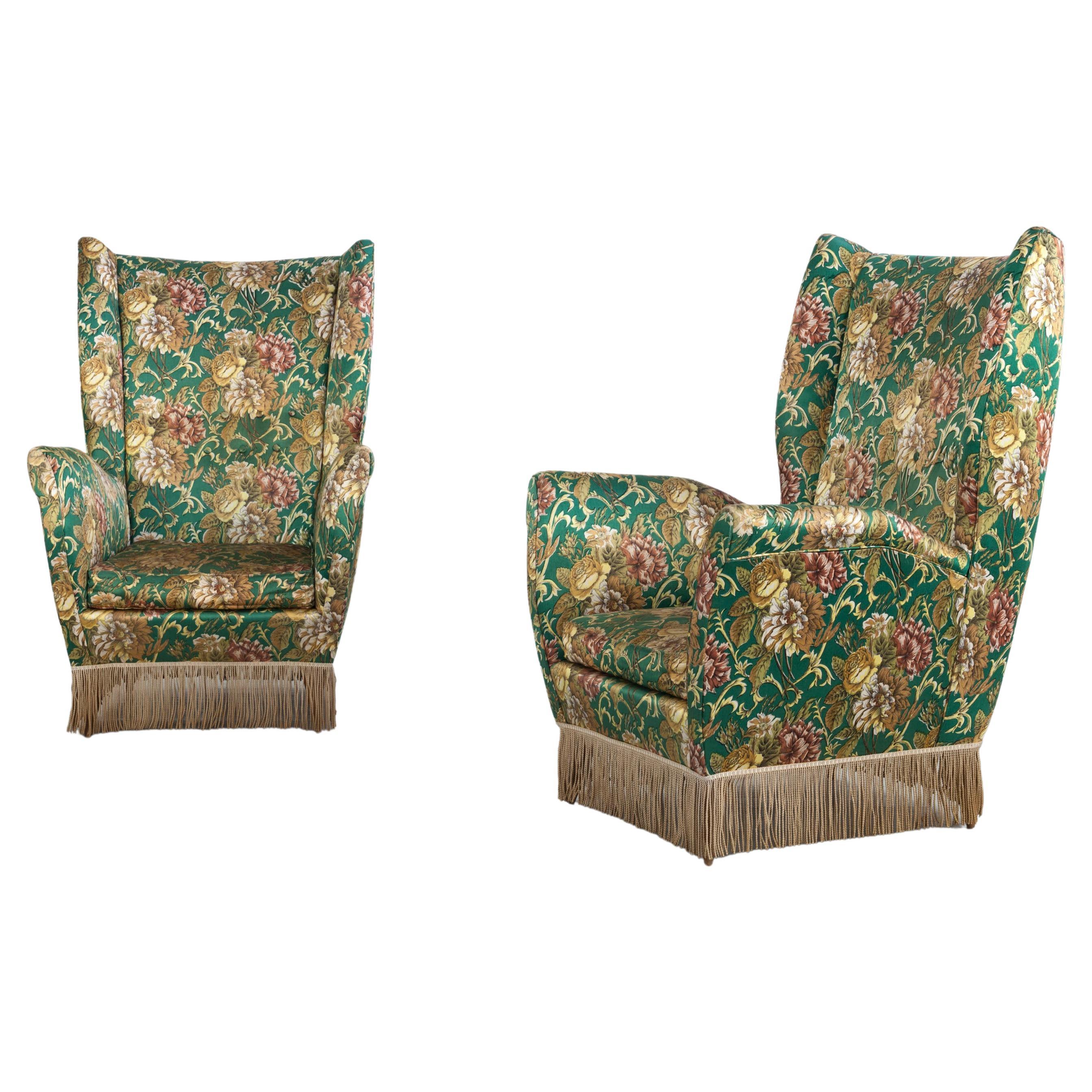 Set of Two I. S. A. Bergamo Italian Floral upholstered Wingback Chairs, 1950s For Sale