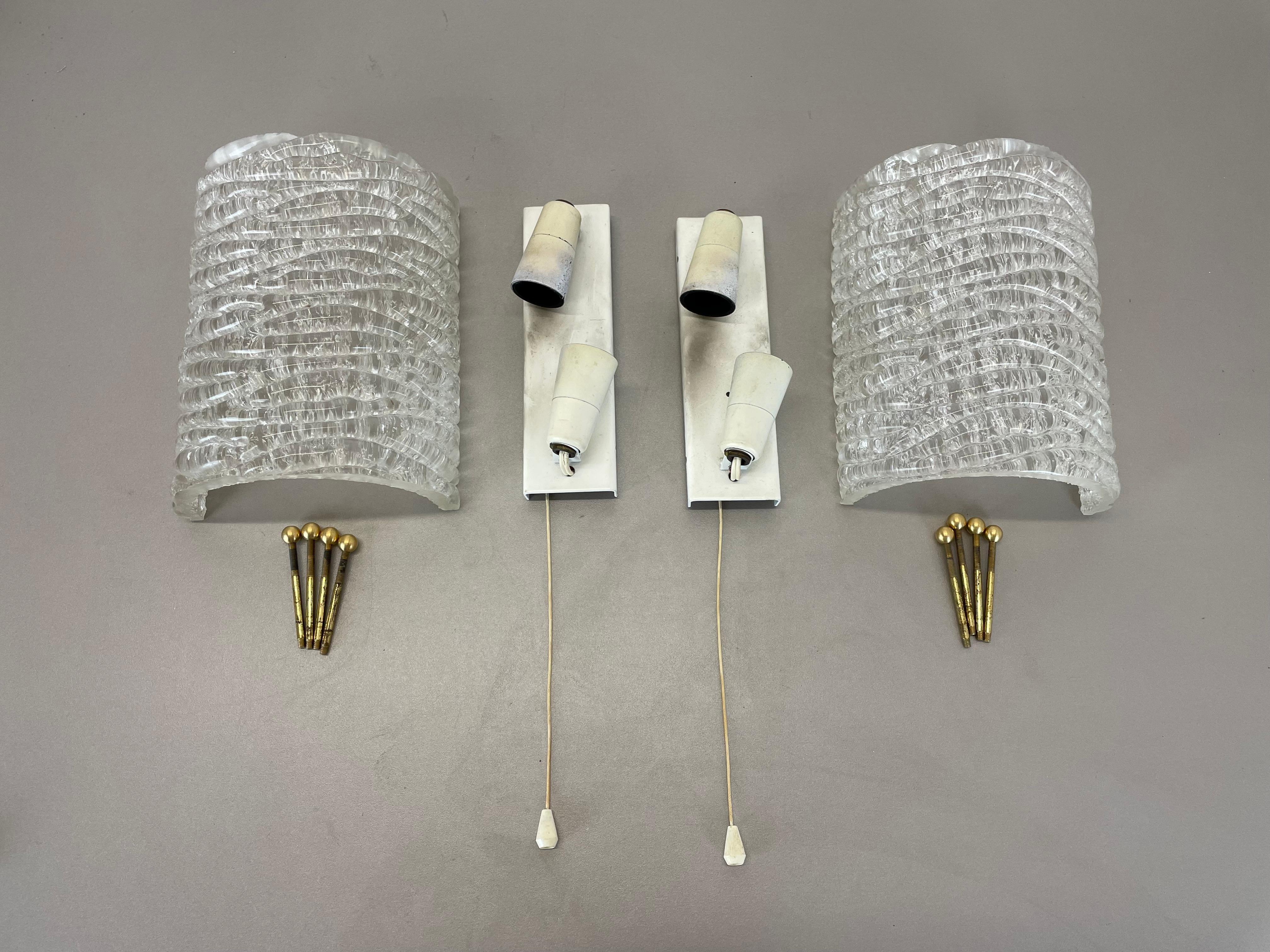 20th Century Set of Two Ice Glass Wall Light Sconces Kalmar Style, Germany, 1970s For Sale
