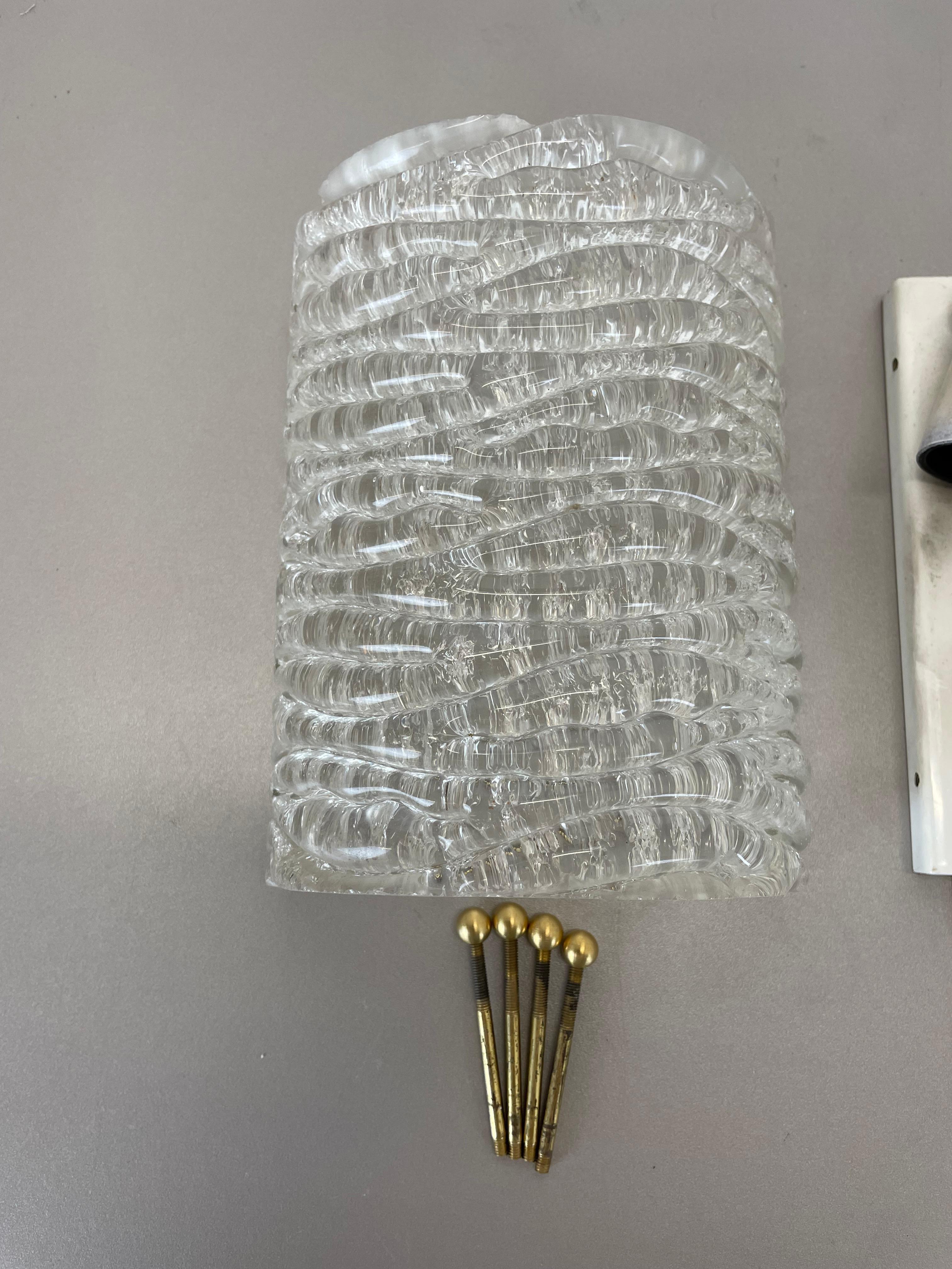 Metal Set of Two Ice Glass Wall Light Sconces Kalmar Style, Germany, 1970s For Sale