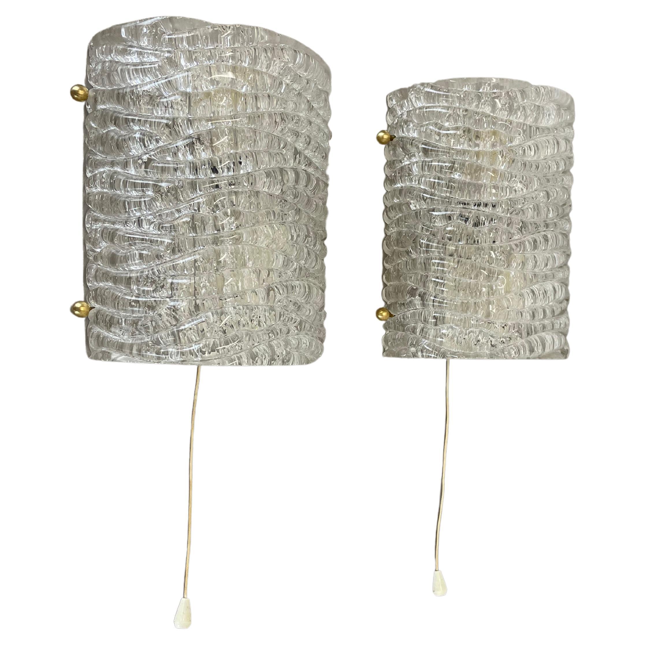 Set of Two Ice Glass Wall Light Sconces Kalmar Style, Germany, 1970s For Sale