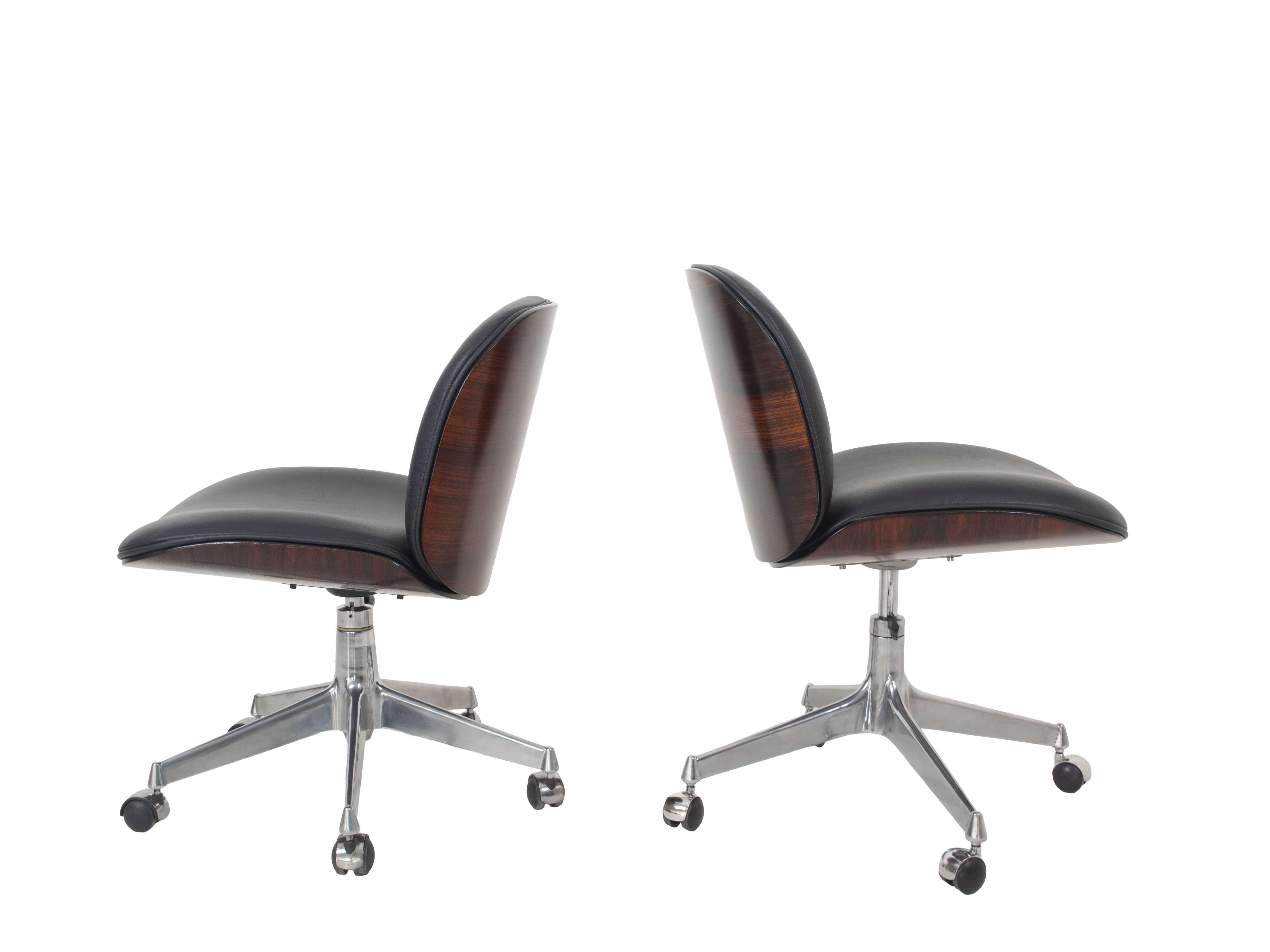 Set of two Ico Parisi desk chairs. Designed by Italian design icon Ico Parisi in 1959 and produced from the 1950s – 1970s for MIM Roma ltd in Italy. These luxury chairs have new high-quality aniline black leather upholstery, beautiful rosewood