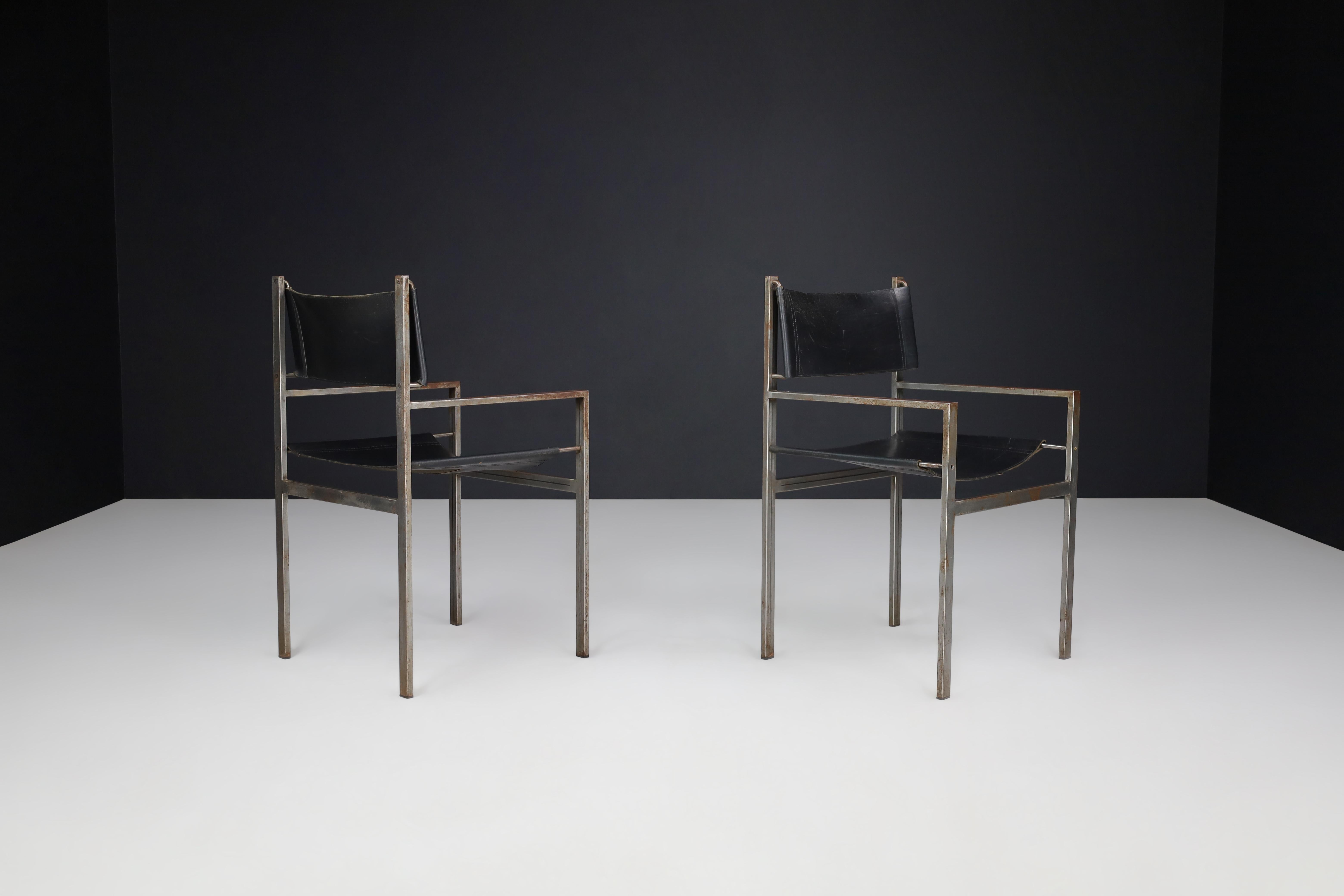 Bauhaus Set of Two Industrial Steel and Leather Armchairs, The Netherlands, 1960s For Sale