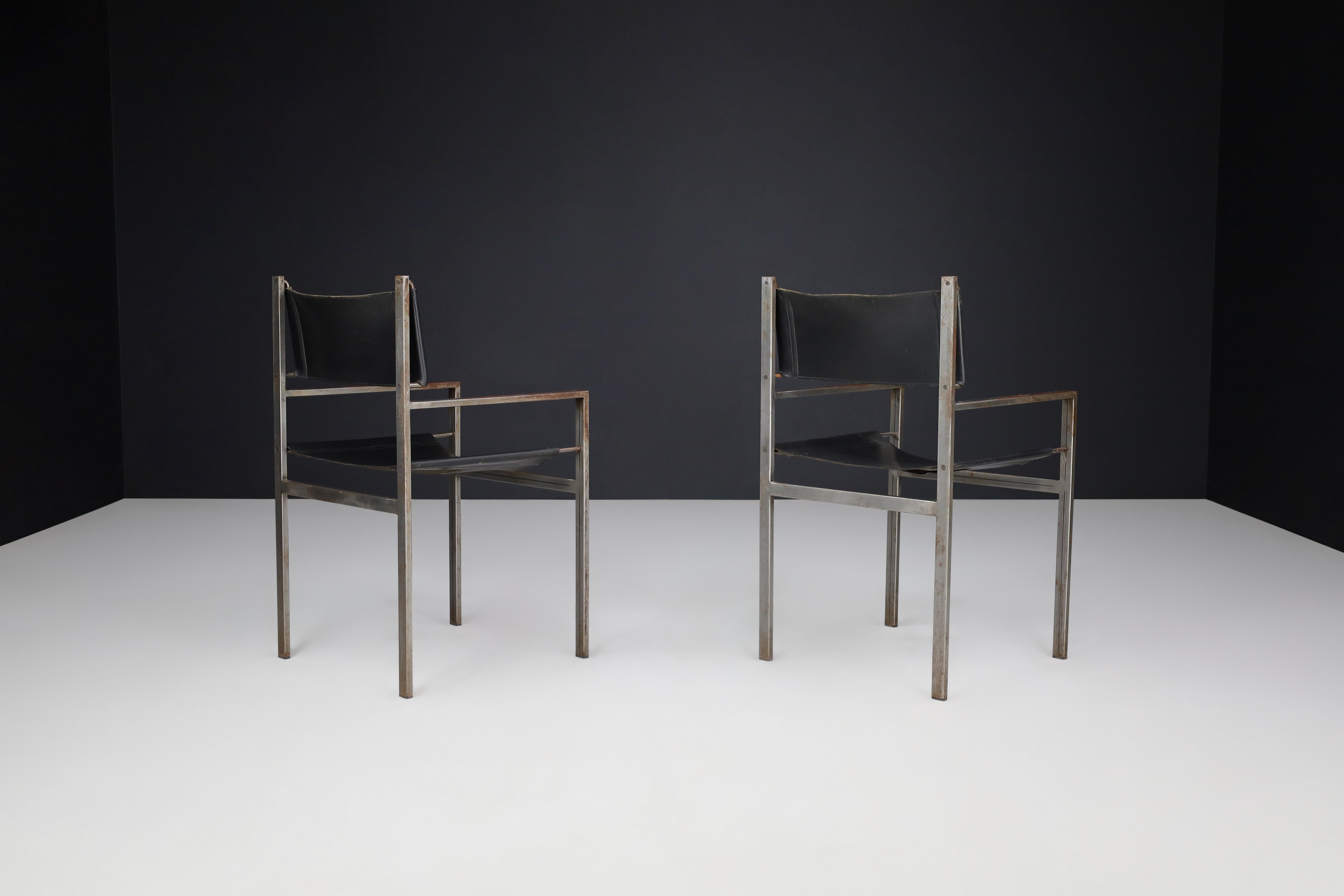 Dutch Set of Two Industrial Steel and Leather Armchairs, The Netherlands, 1960s For Sale
