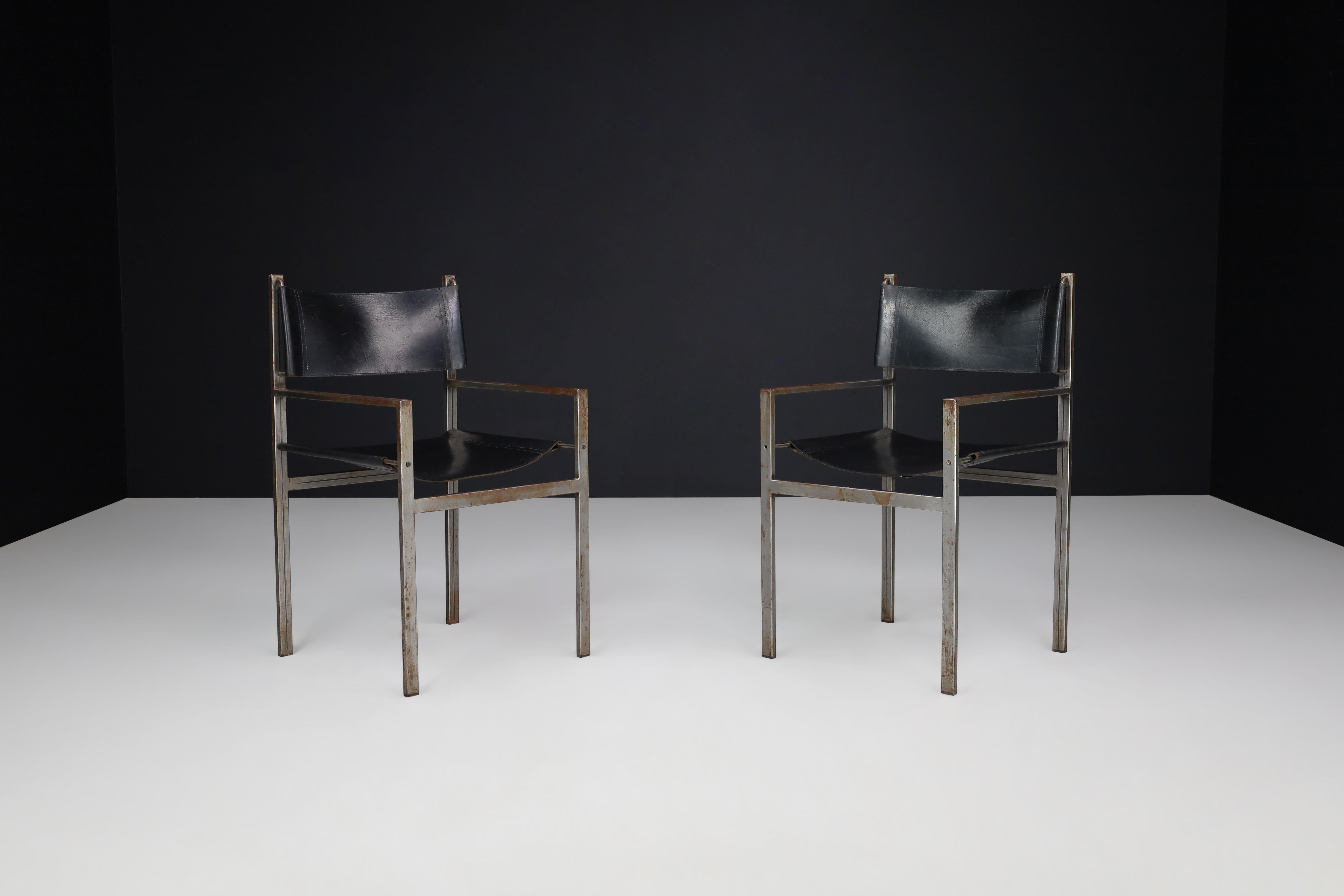 Set of Two Industrial Steel and Leather Armchairs, The Netherlands, 1960s In Good Condition For Sale In Almelo, NL