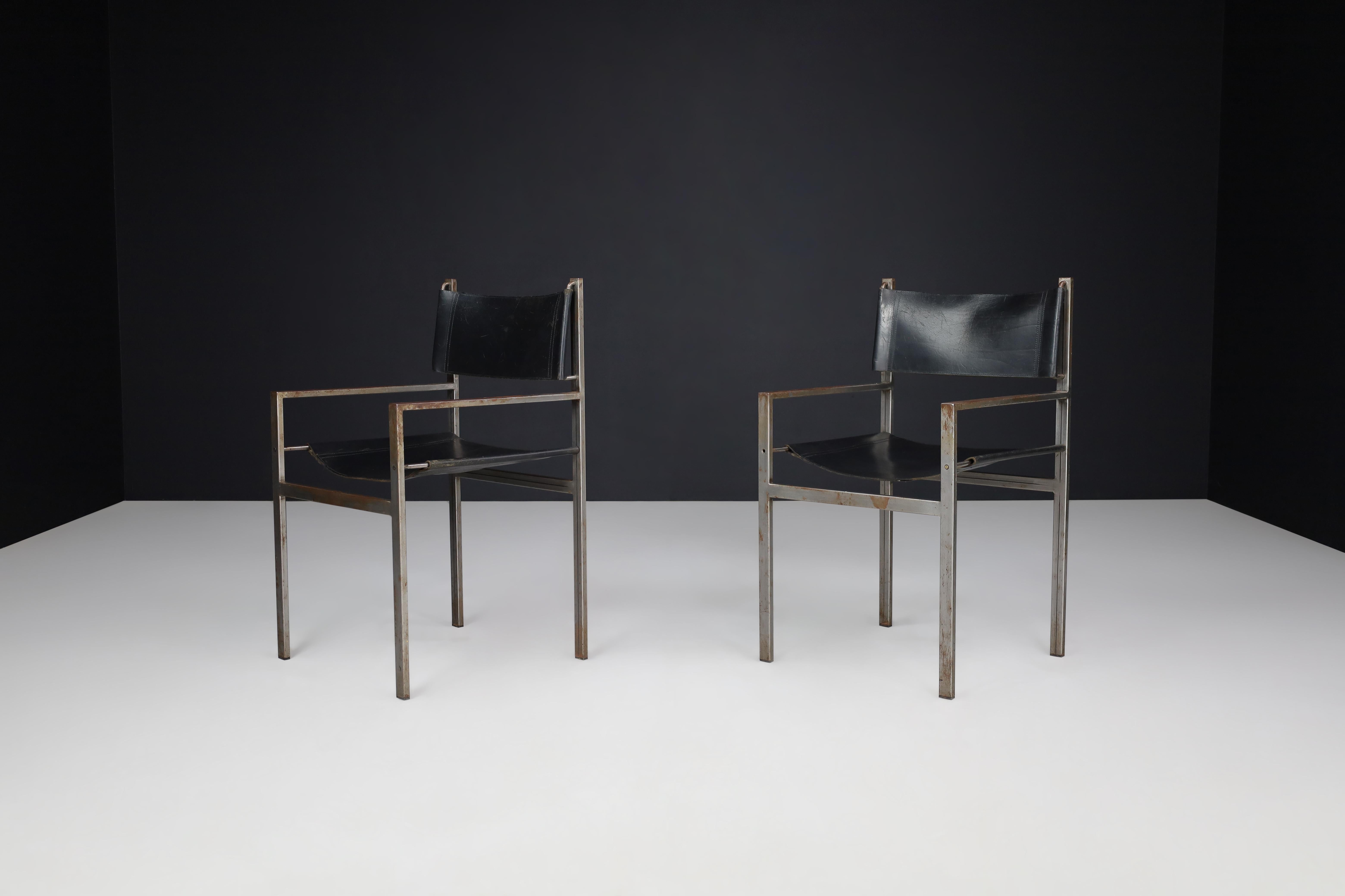 Set of Two Industrial Steel and Leather Armchairs, The Netherlands, 1960s For Sale 2