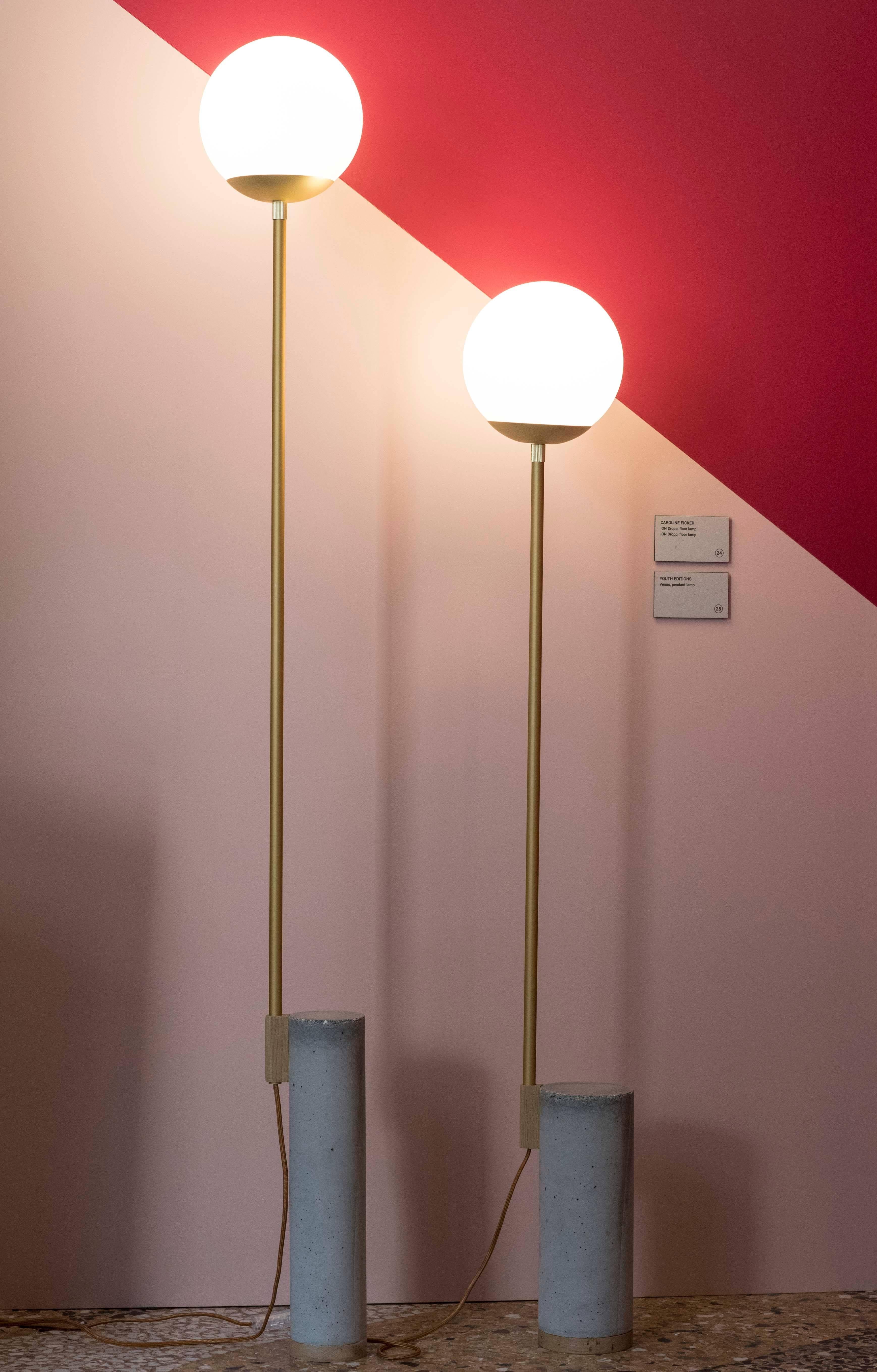 Italian Set of Two Ion Floor Lamps G and M in Concrete and Brass and Opal Glass For Sale