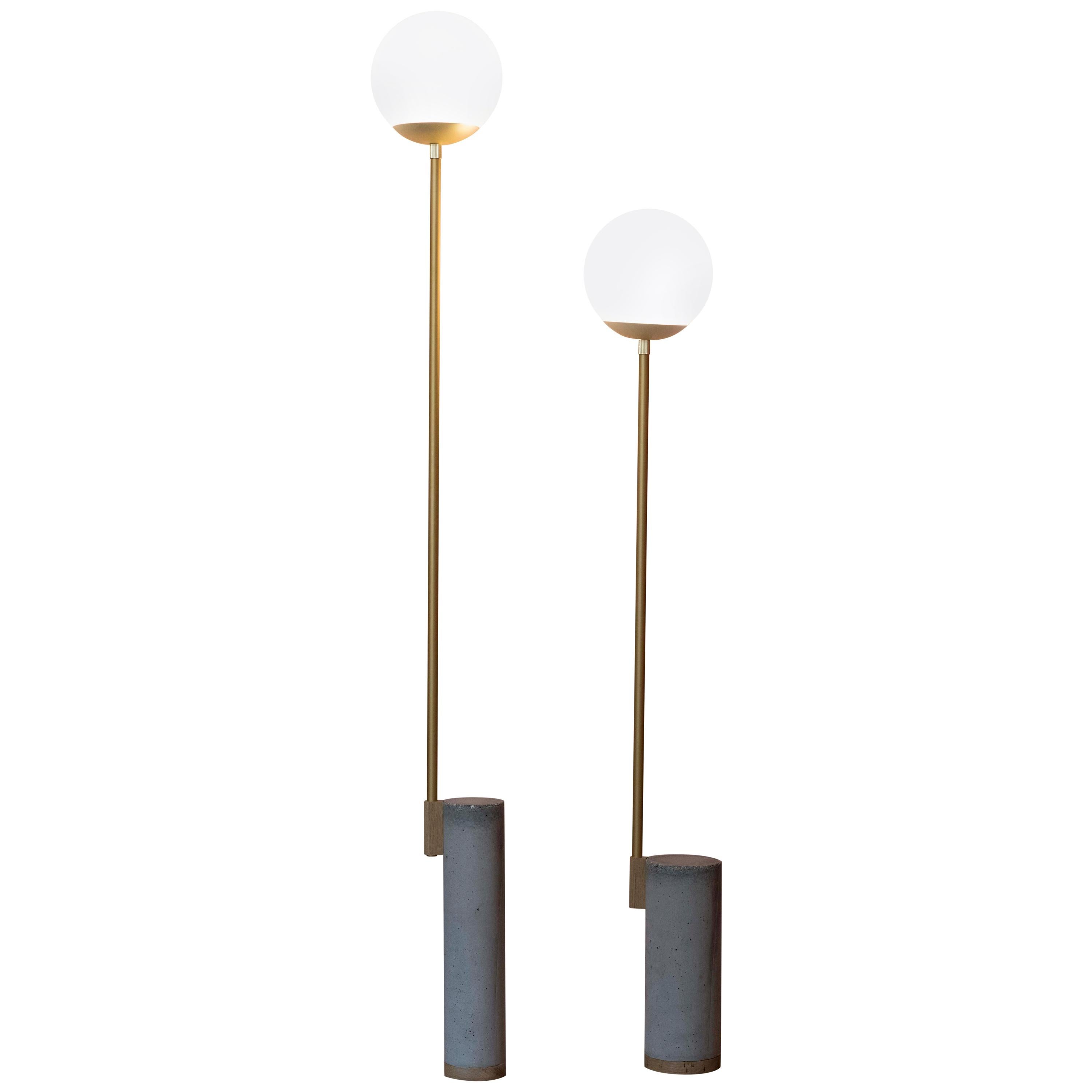 Set of Two Ion Floor Lamps G and M in Concrete and Brass and Opal Glass For Sale
