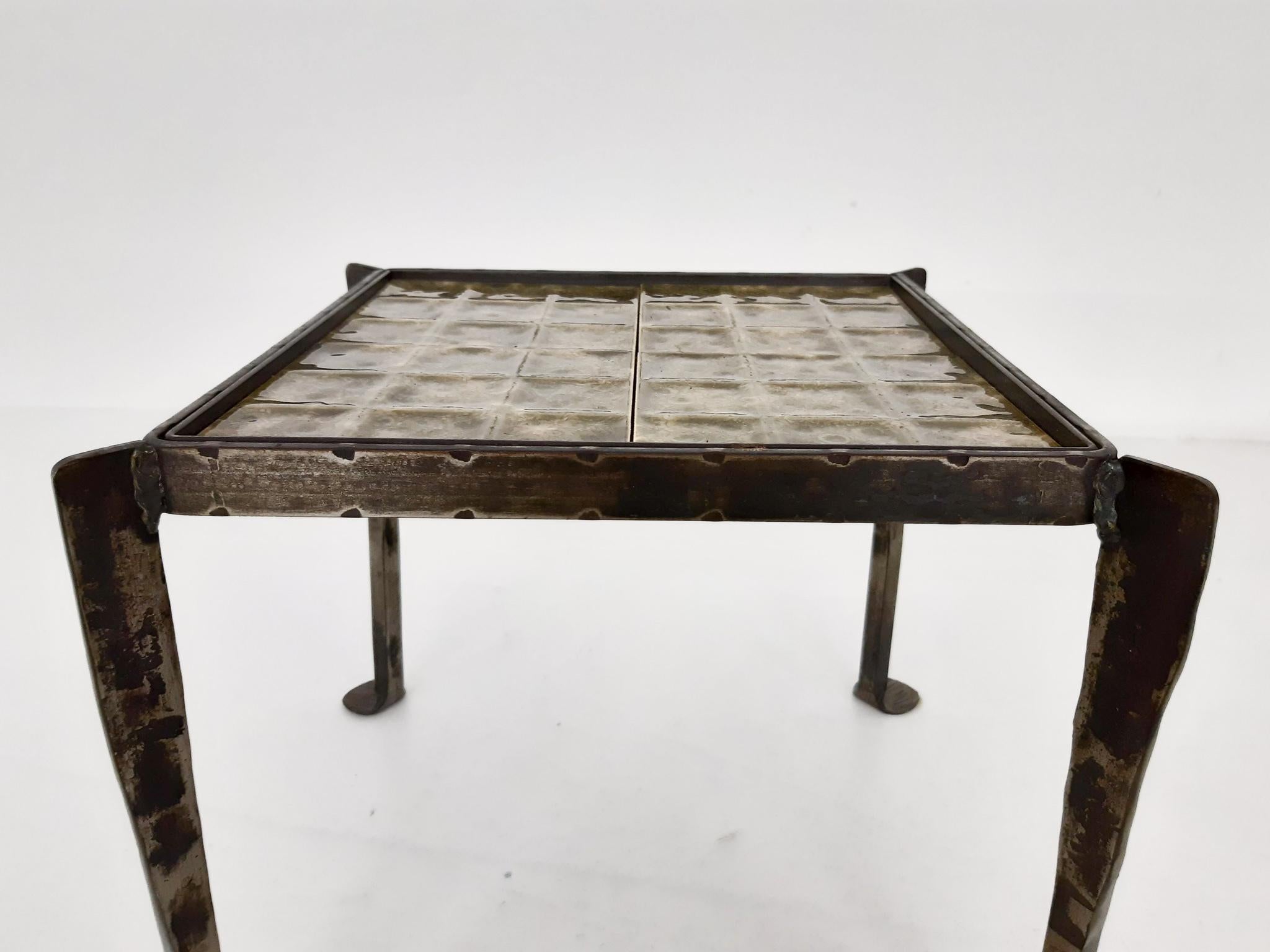 Mid-Century Modern Set of Two Iron Side Tables with Tile Top