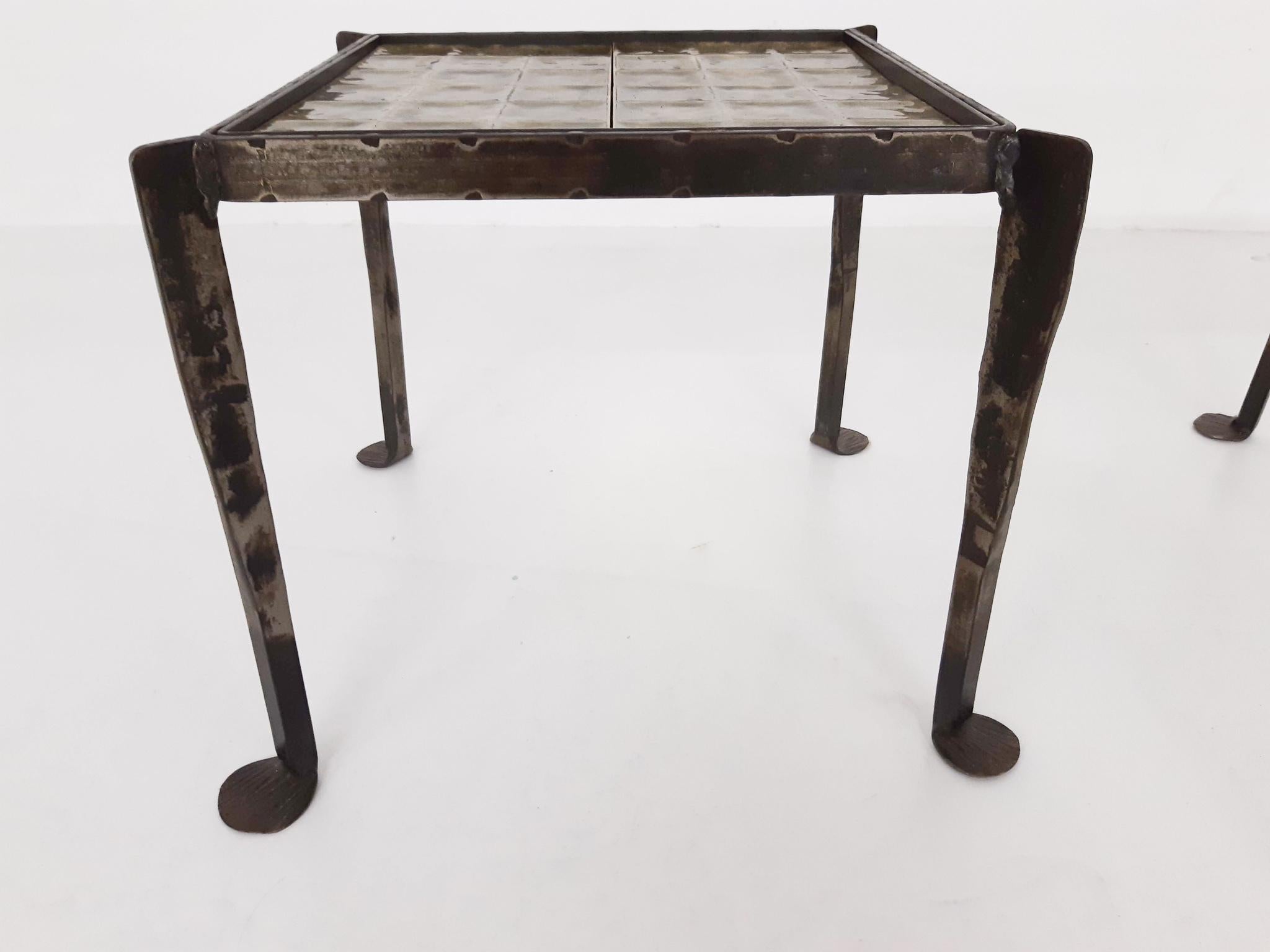 French Set of Two Iron Side Tables with Tile Top