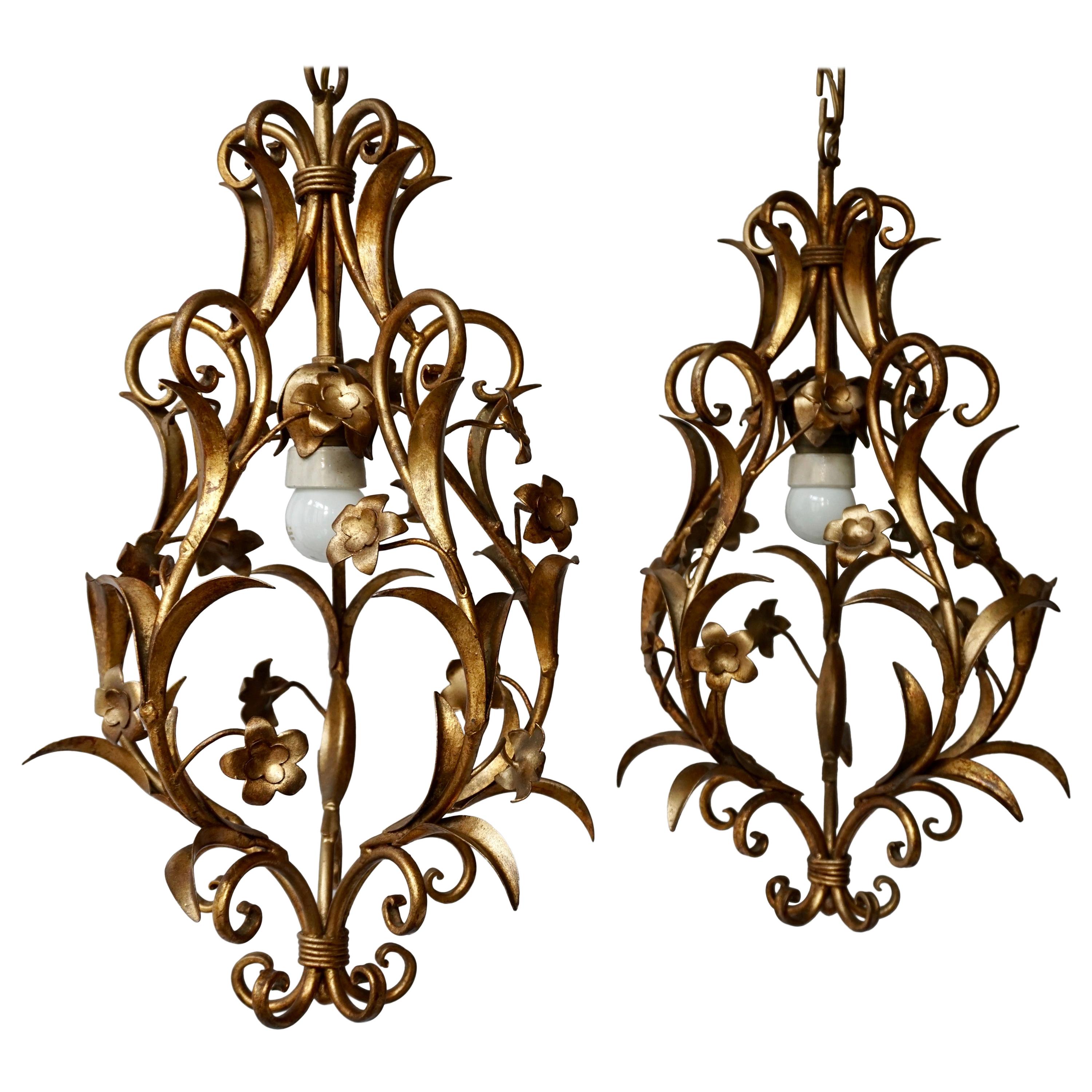 Set of Two Italian, 1950s Gilt-Tole Foliate Chandeliers