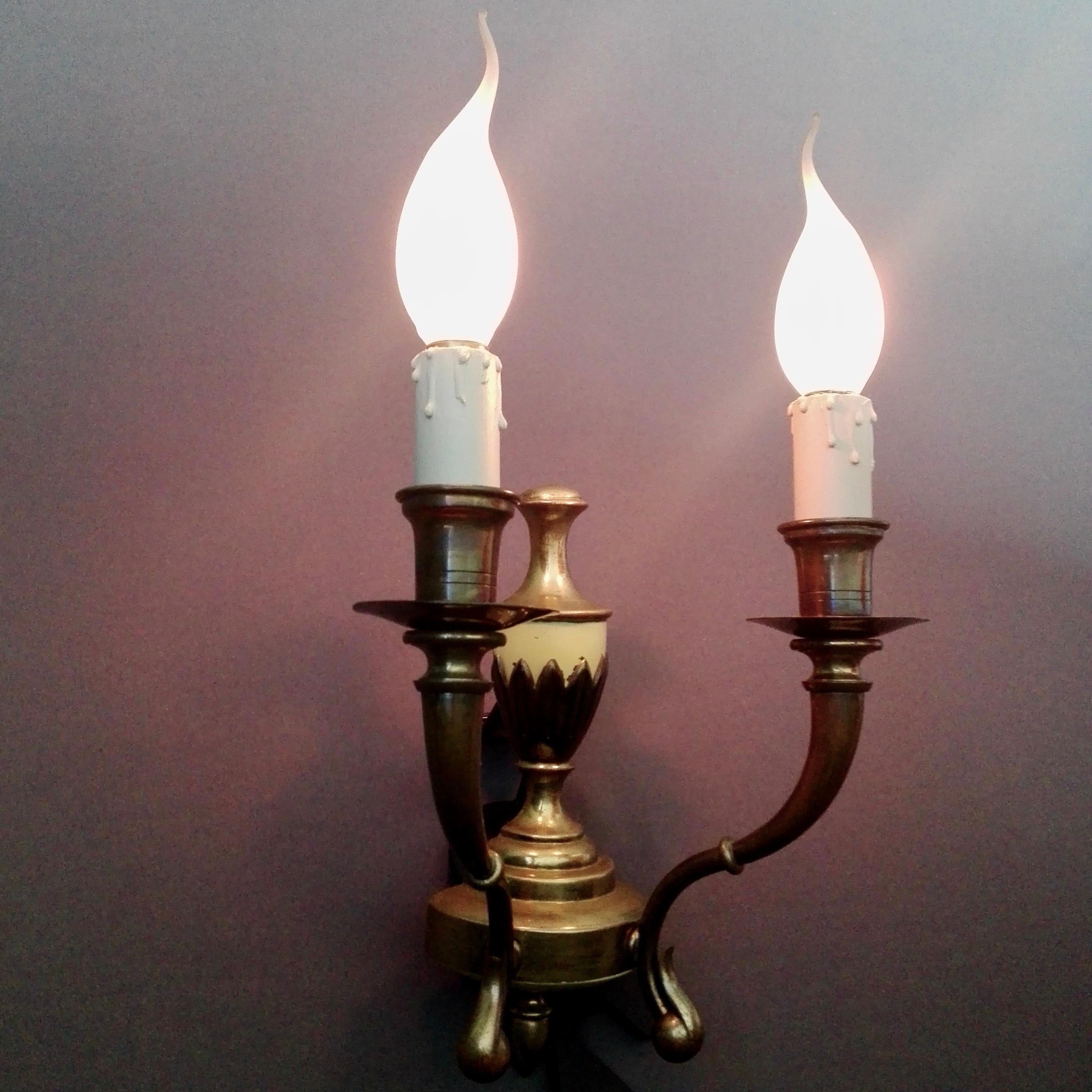 Enameled 1950s Italian solid brass two-light sconces. Set of Two. For Sale