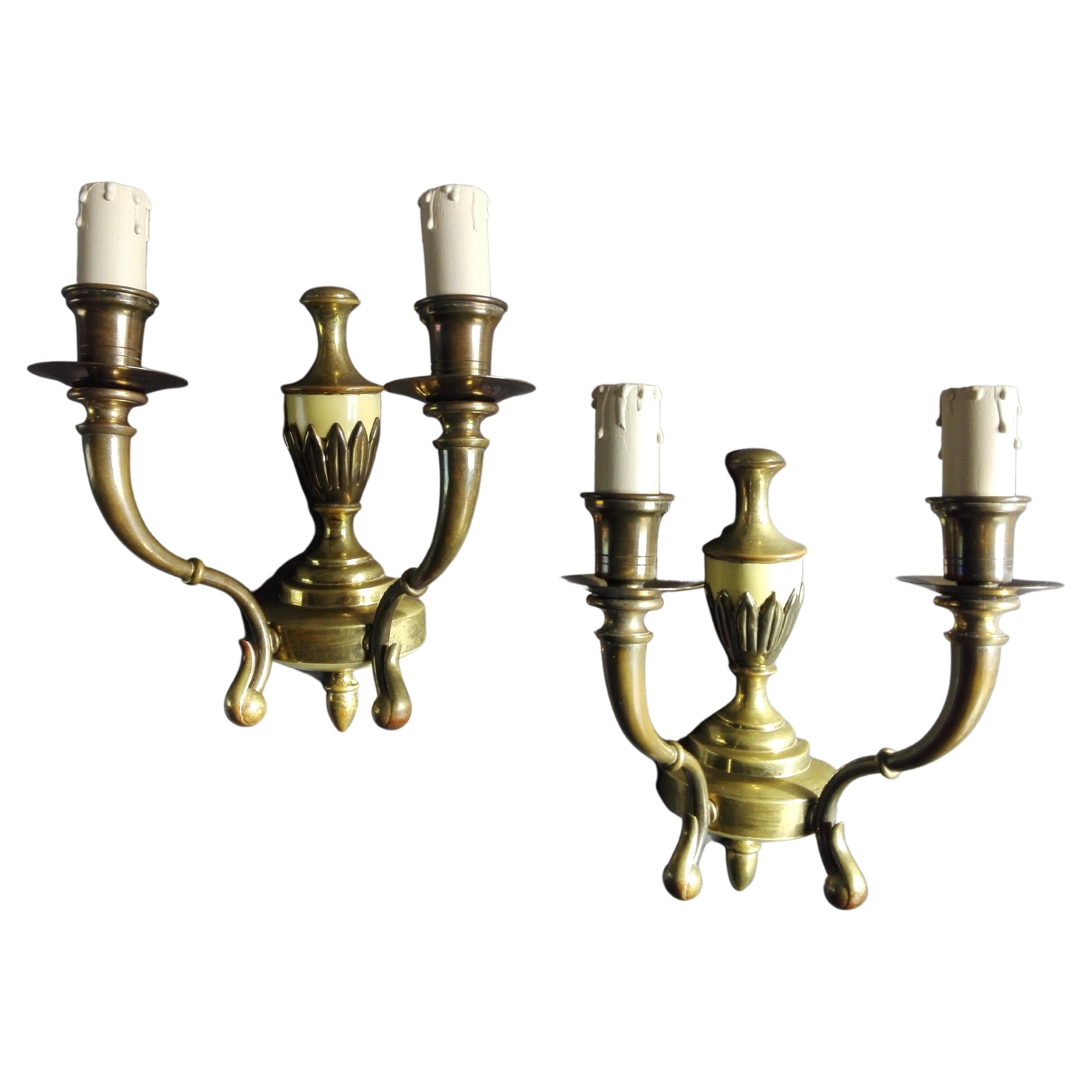 1950s Italian solid brass two-light sconces. Set of Two. For Sale