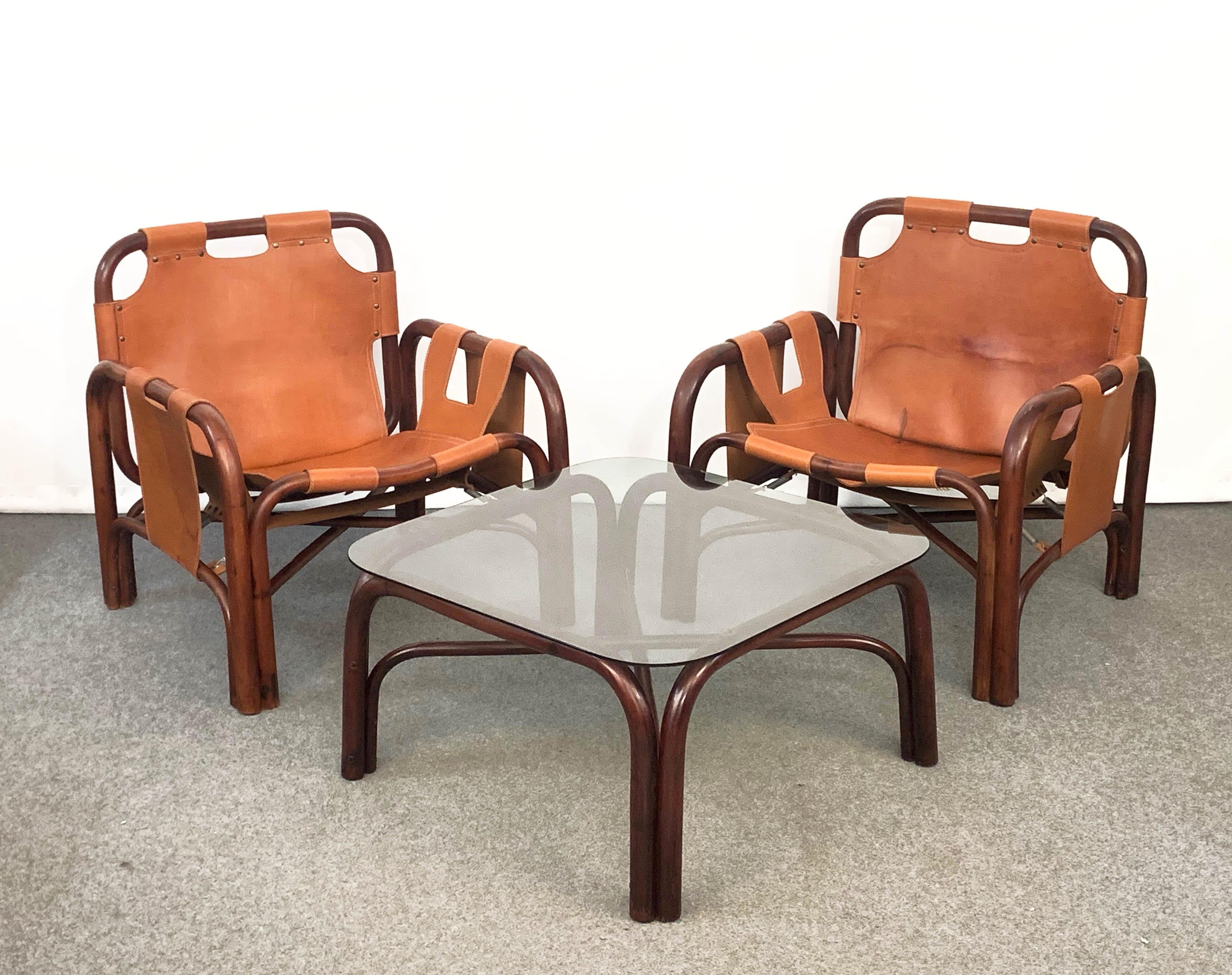 Set of Two Italian Armchairs and Table Bamboo and Leather, Italy, 1960s 5