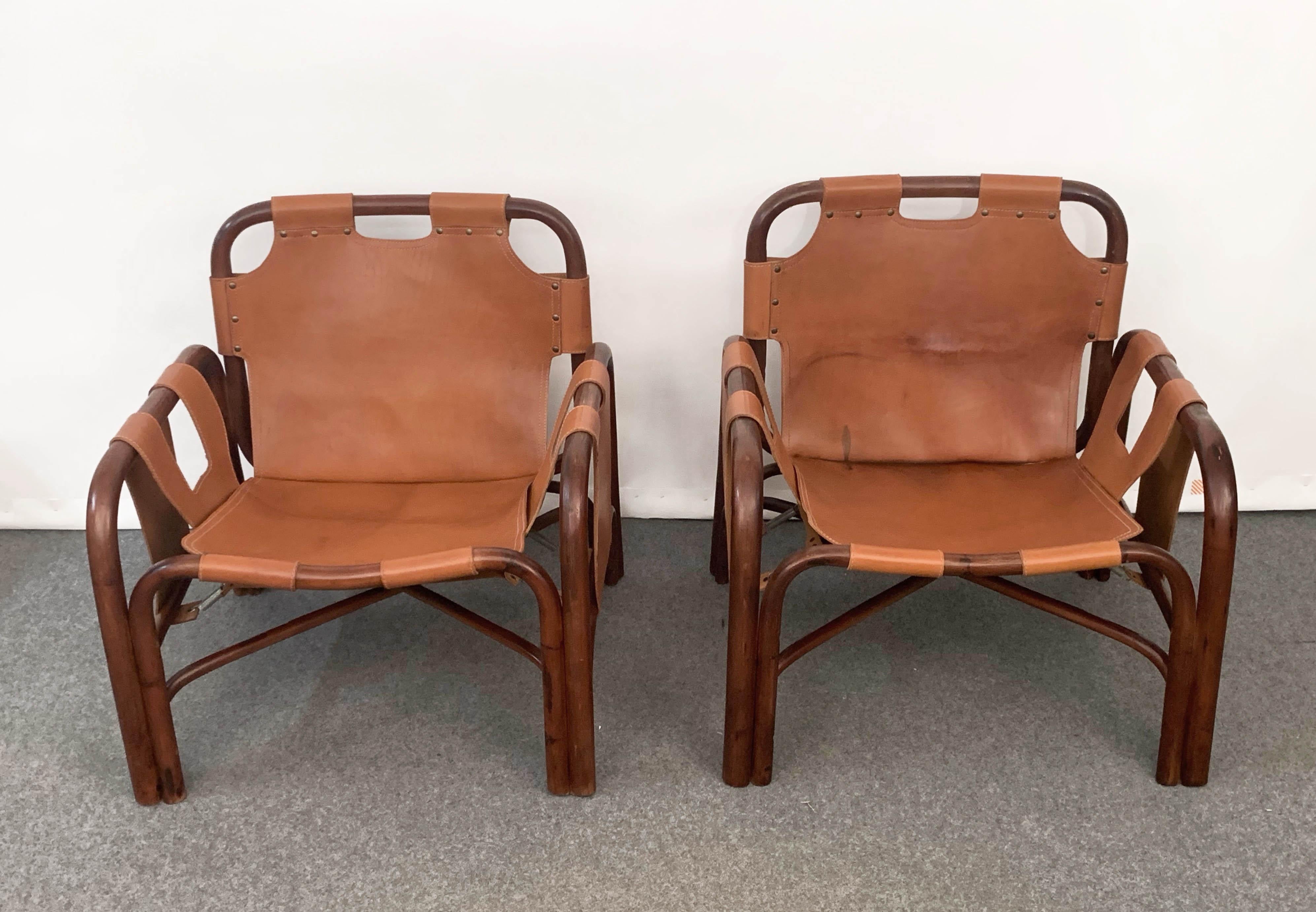 Set of Two Italian Armchairs and Table Bamboo and Leather, Italy, 1960s 8