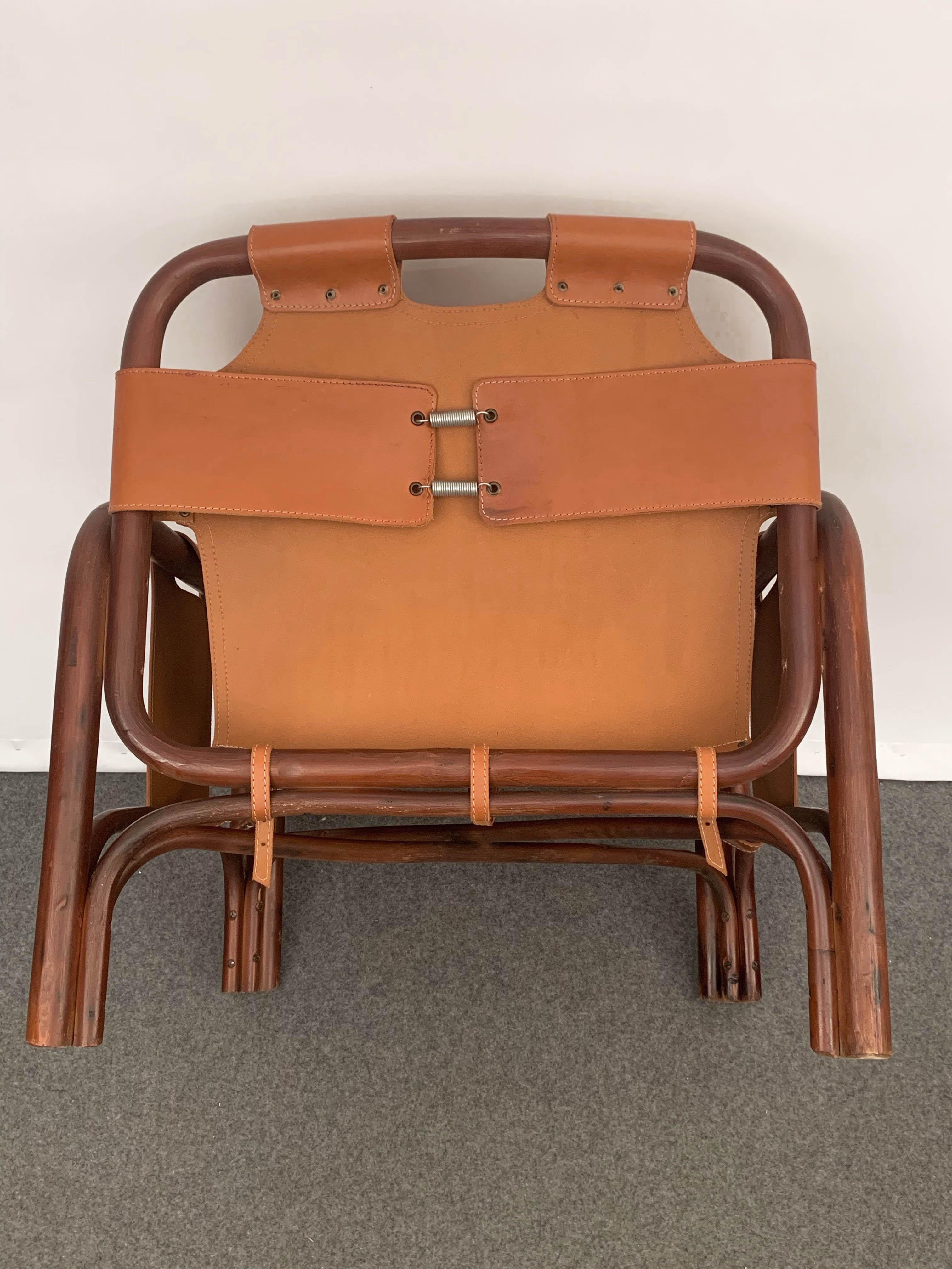 Set of Two Italian Armchairs and Table Bamboo and Leather, Italy, 1960s 10