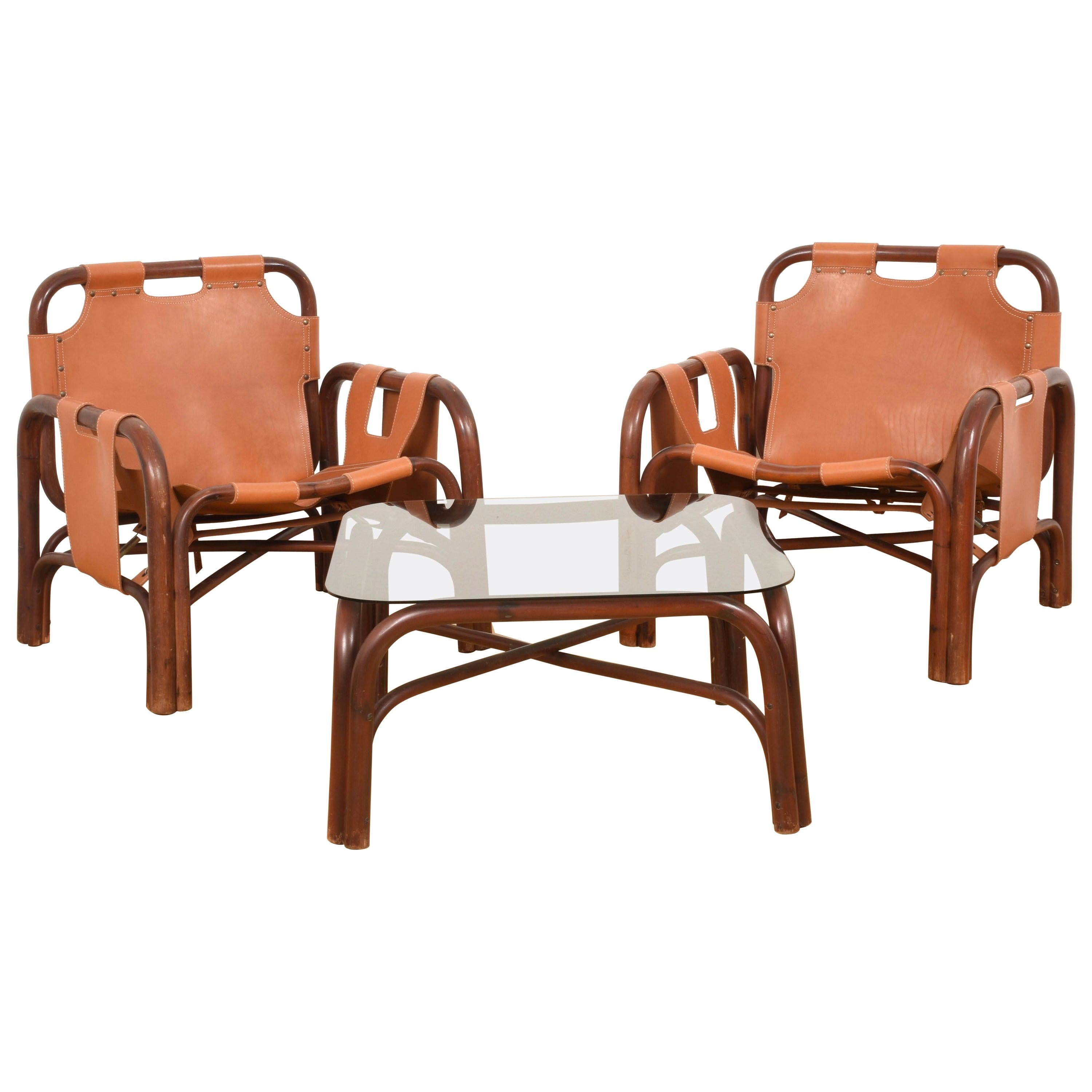Set of Two Italian Armchairs and Table Bamboo and Leather, Italy, 1960s 13
