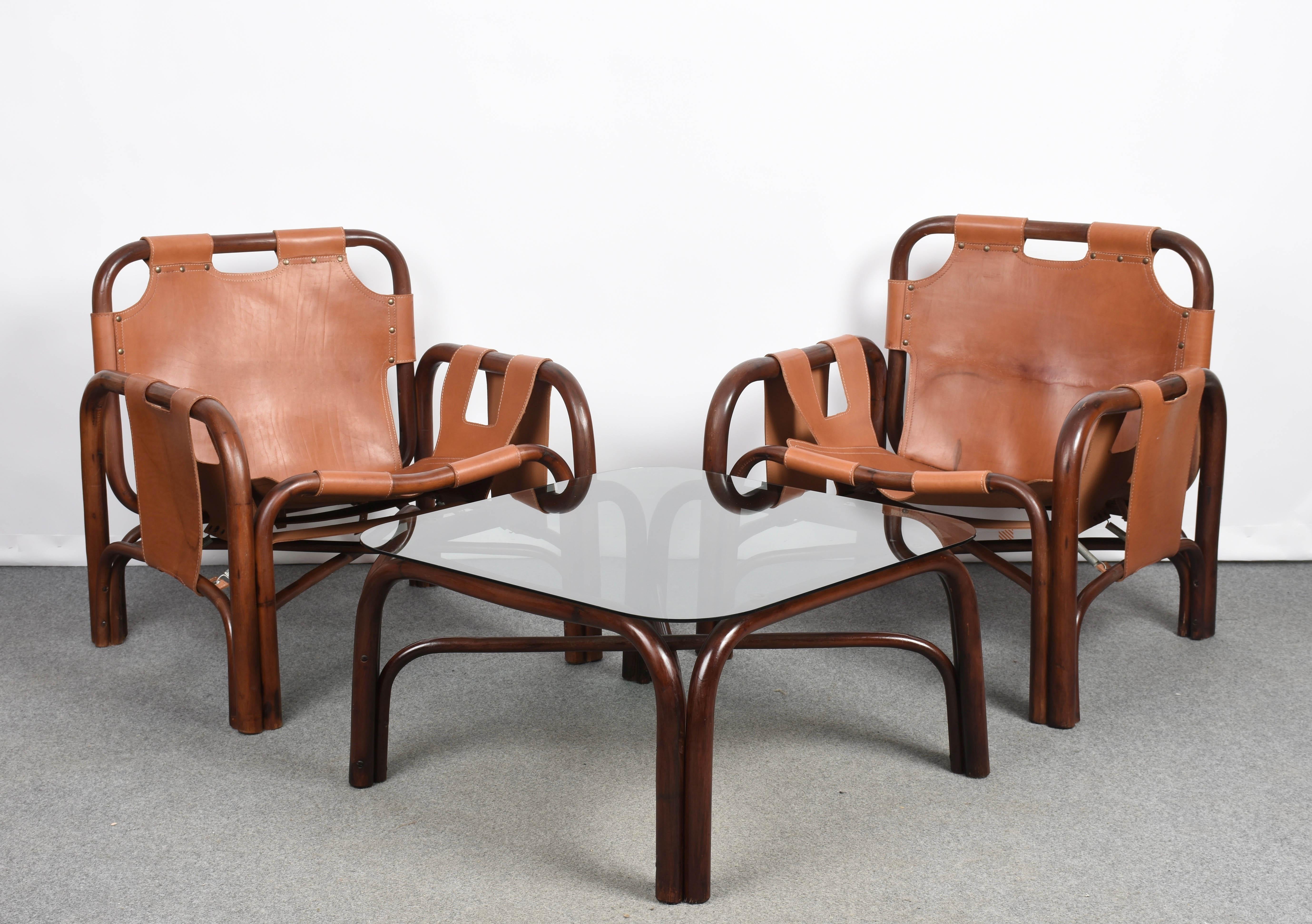 Set of Two Italian Armchairs and Table Bamboo and Leather, Italy, 1960s 2
