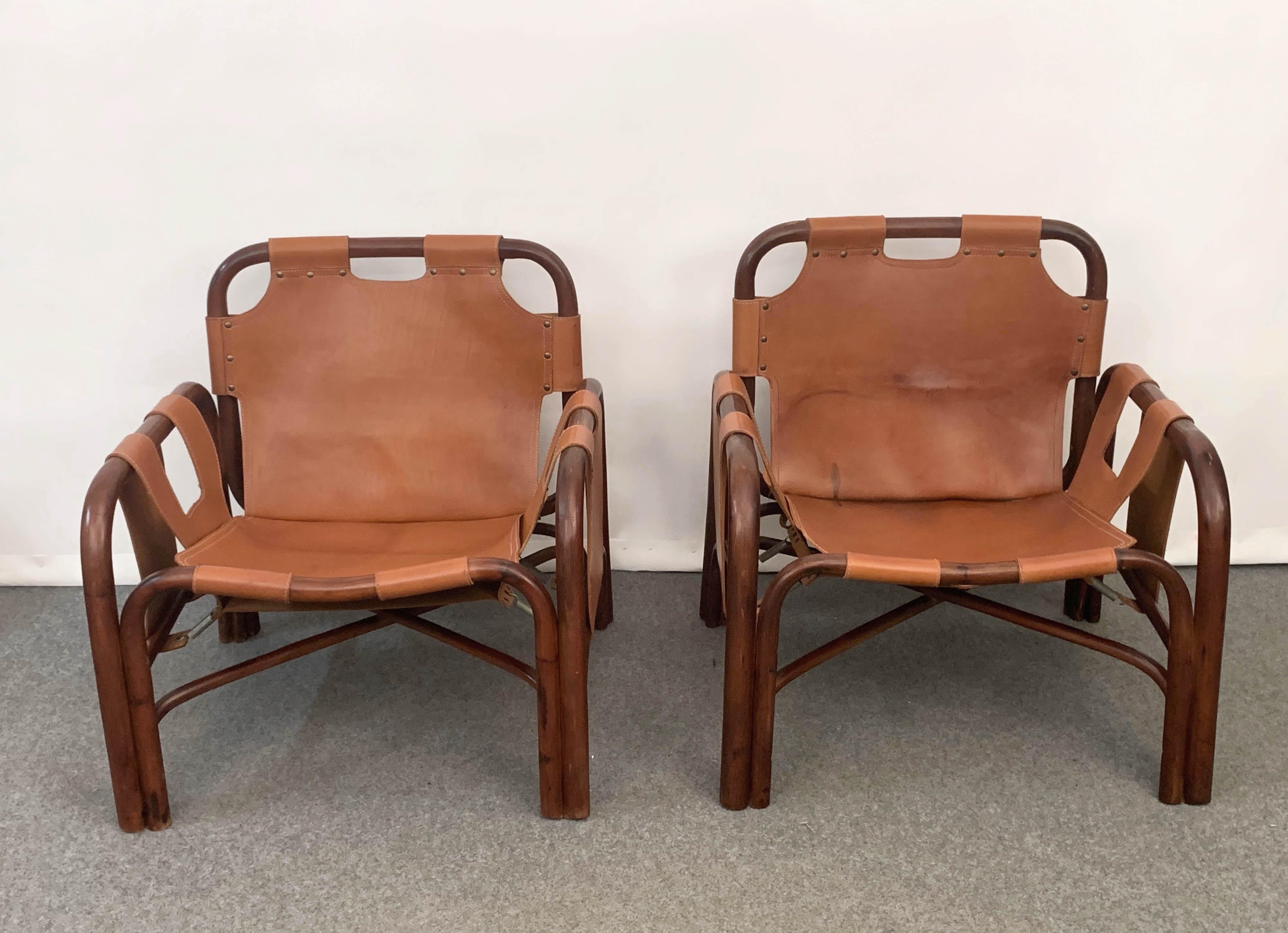 Set of Two Italian Armchairs and Table Bamboo and Leather, Italy, 1960s 3
