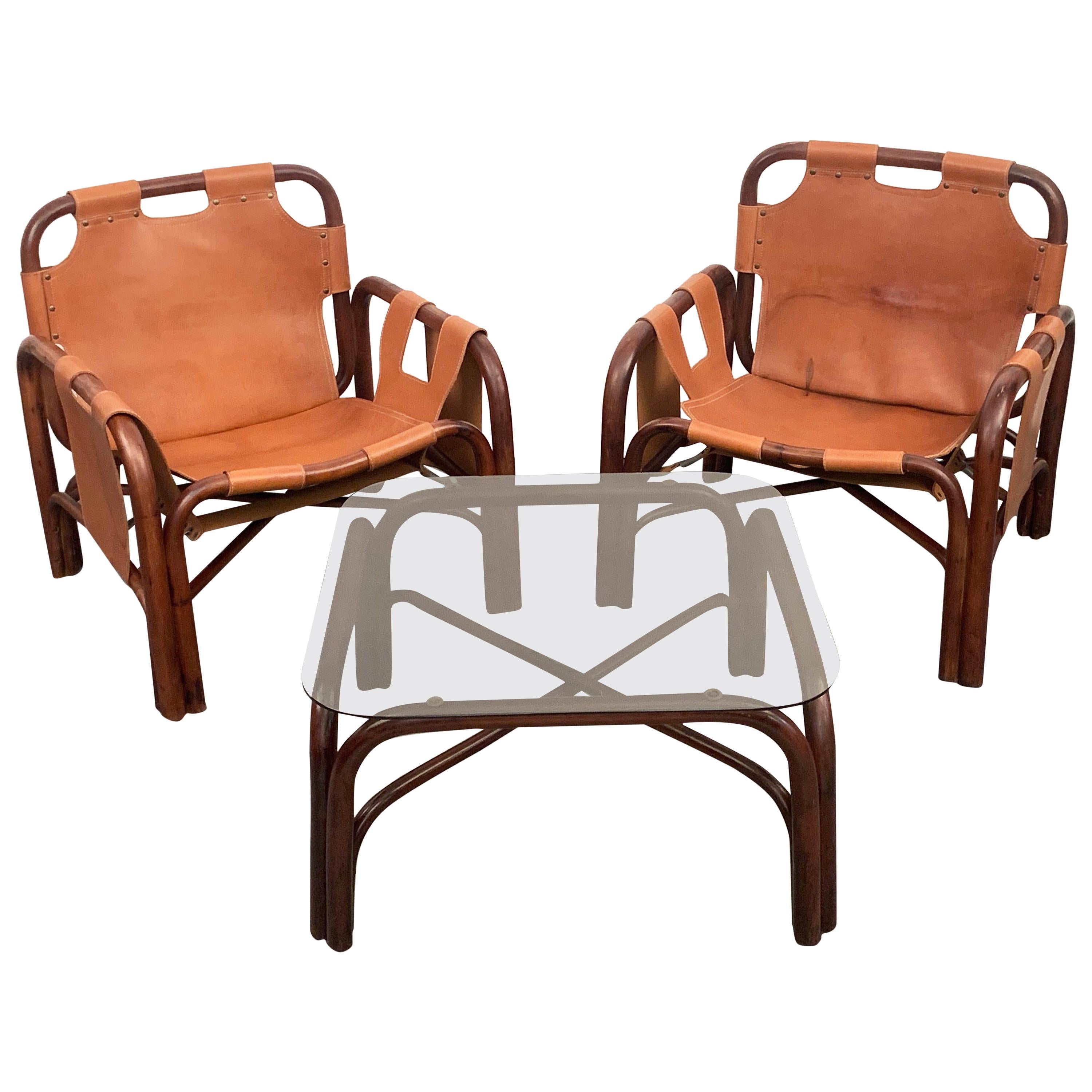 Set of Two Italian Armchairs and Table Bamboo and Leather, Italy, 1960s