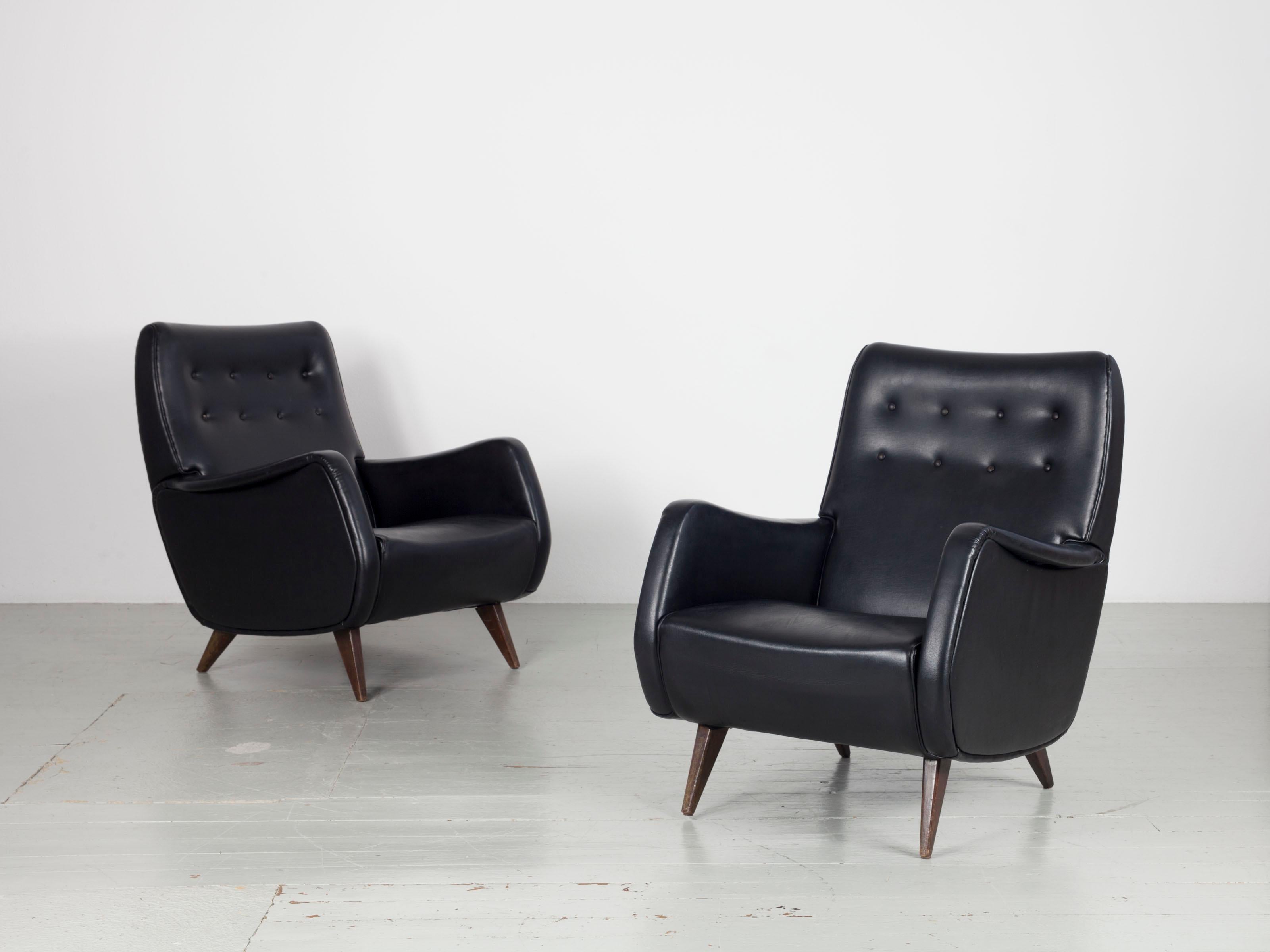 Set of Two Italian Armchairs in Original Black Leatherette Upholstery, 1950s For Sale 5