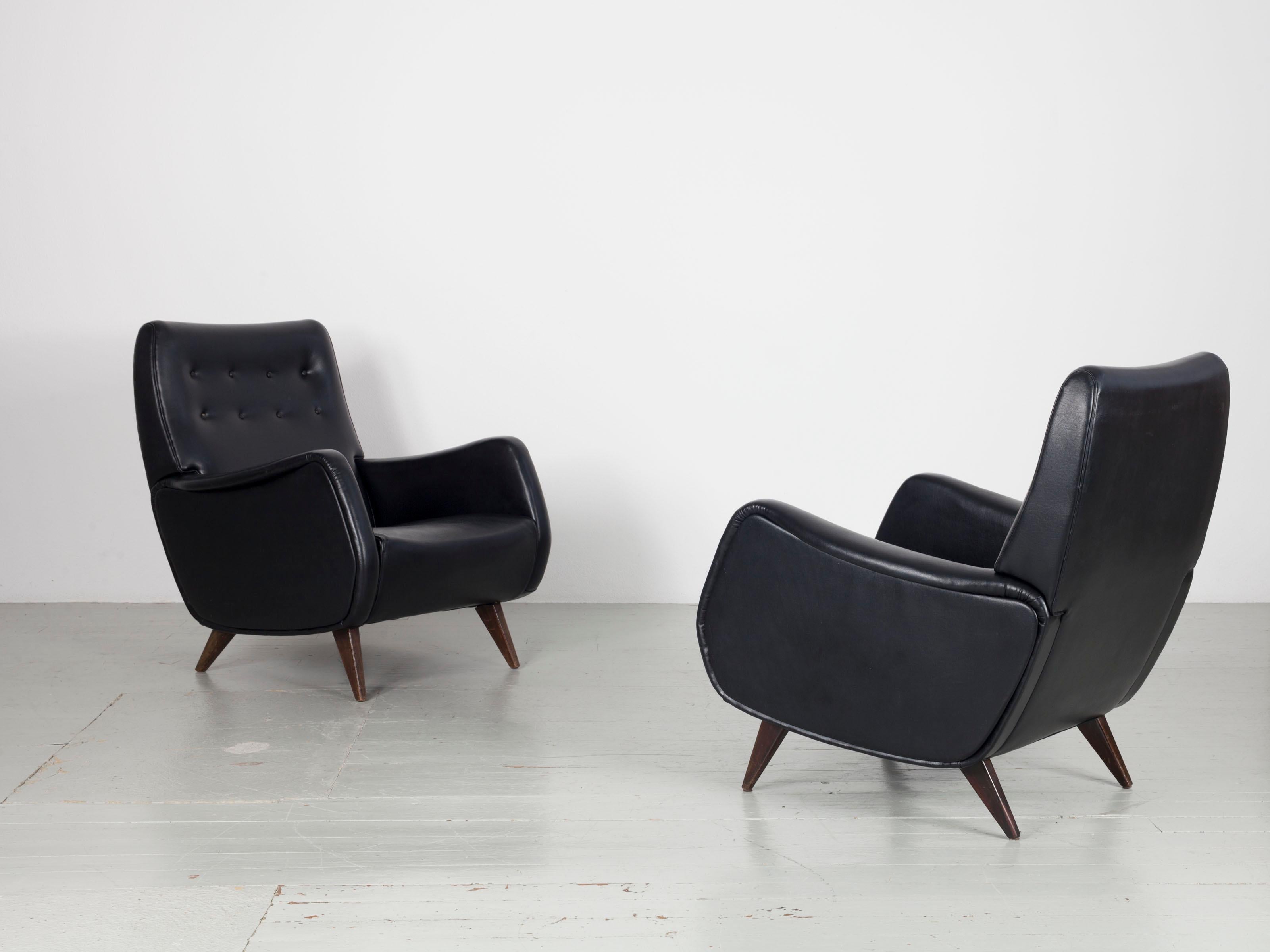 Set of Two Italian Armchairs in Original Black Leatherette Upholstery, 1950s For Sale