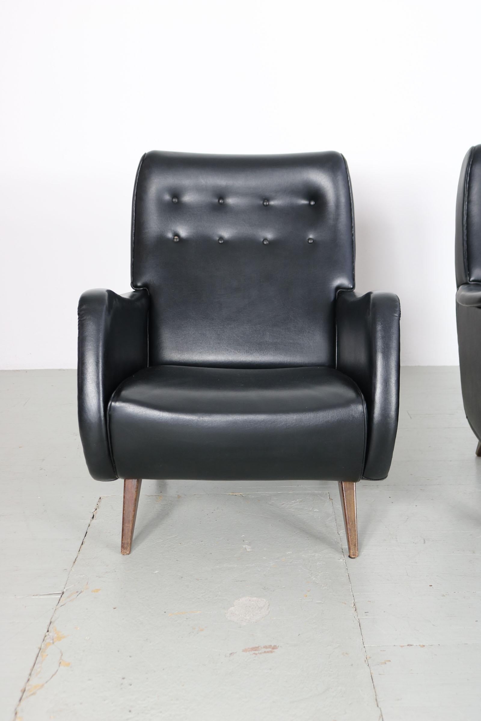 Set of Two Italian Armchairs in Original Black Leatherette Upholstery, 1950s For Sale 6