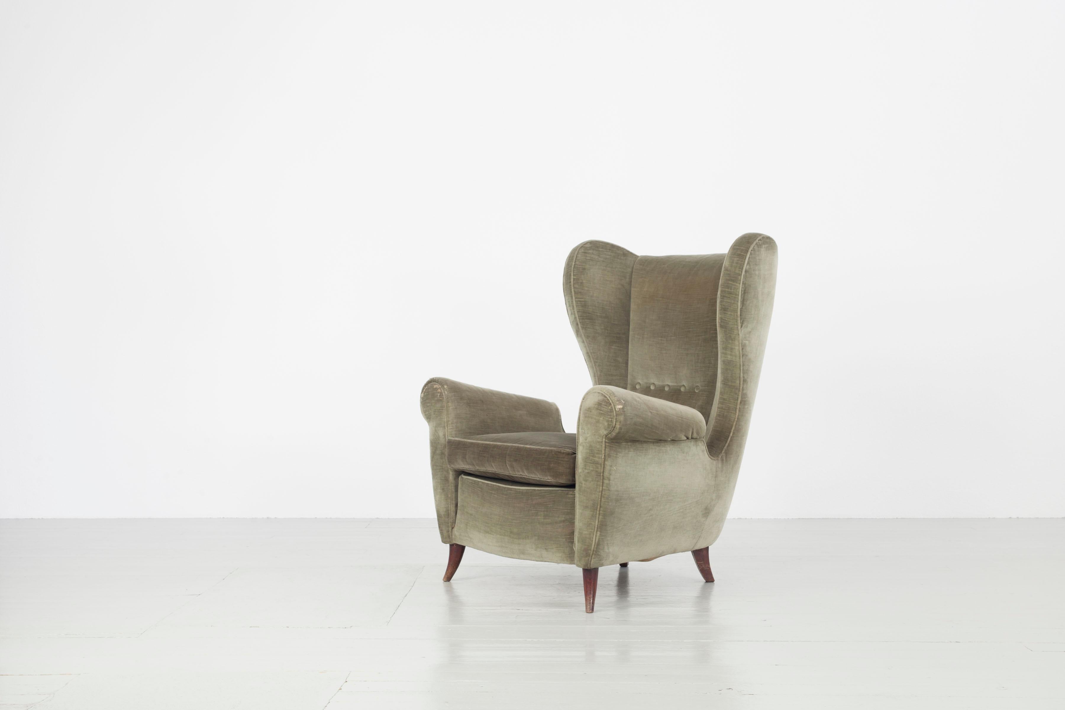 Set of Two Italian Armchairs in Original Upholstery of Brown and Green, 1950s For Sale 4
