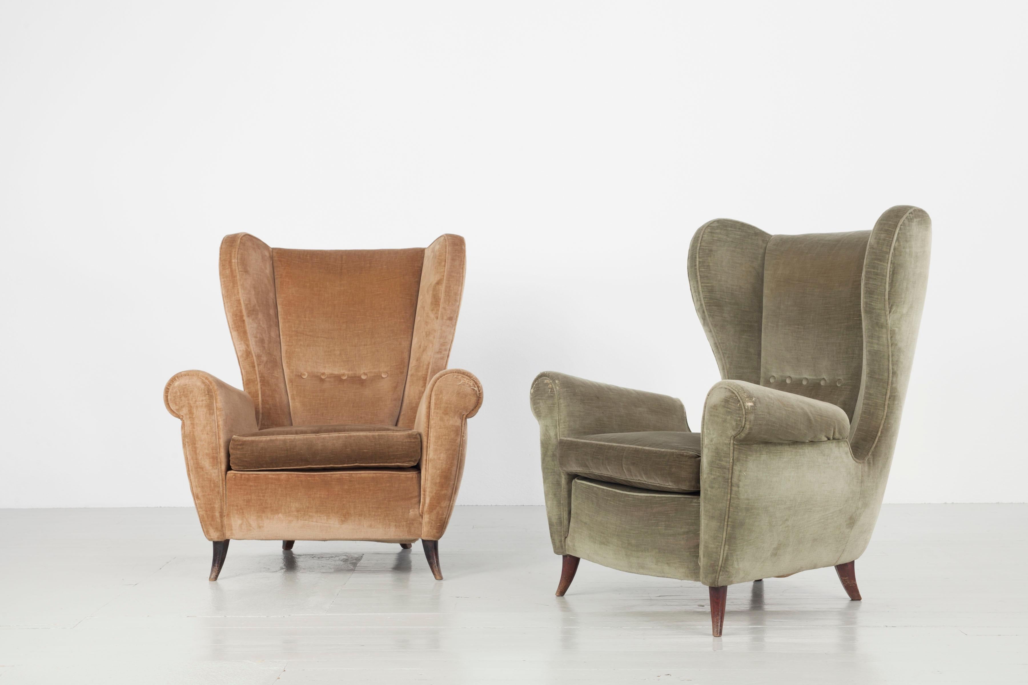 Set of Two Italian Armchairs in Original Upholstery of Brown and Green, 1950s For Sale 5