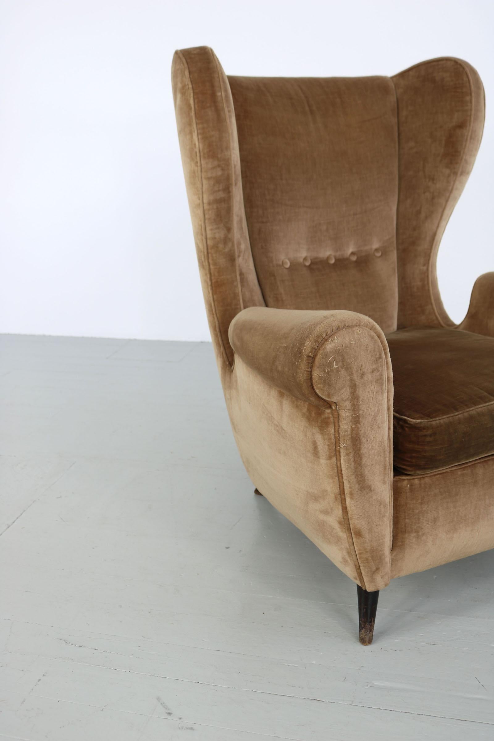 Set of Two Italian Armchairs in Original Upholstery of Brown and Green, 1950s For Sale 14