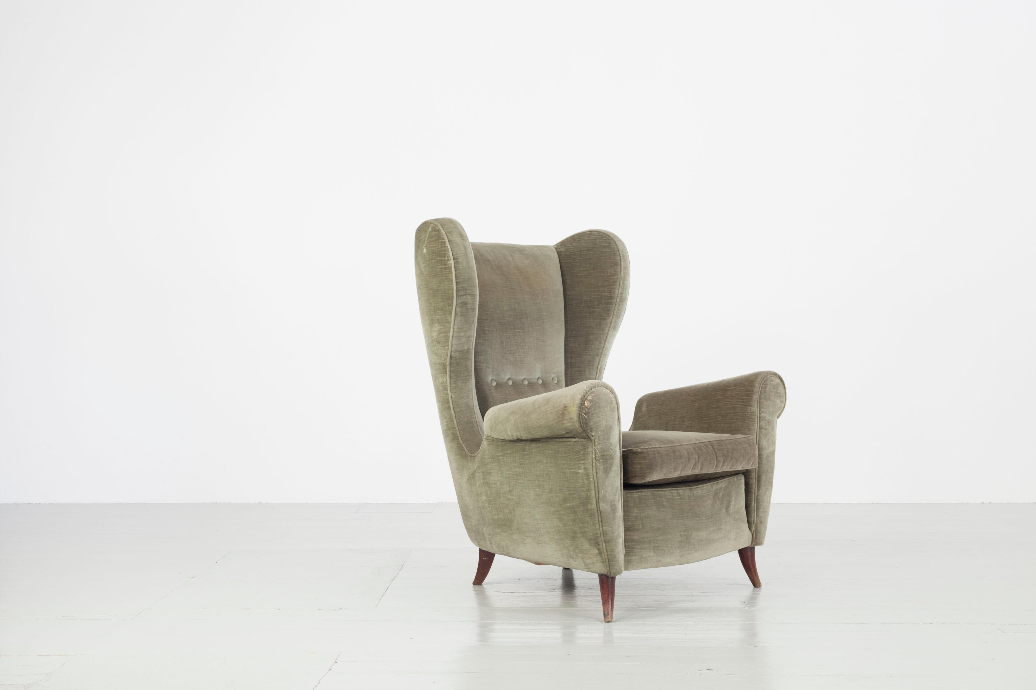 Mid-Century Modern Set of Two Italian Armchairs in Original Upholstery of Brown and Green, 1950s