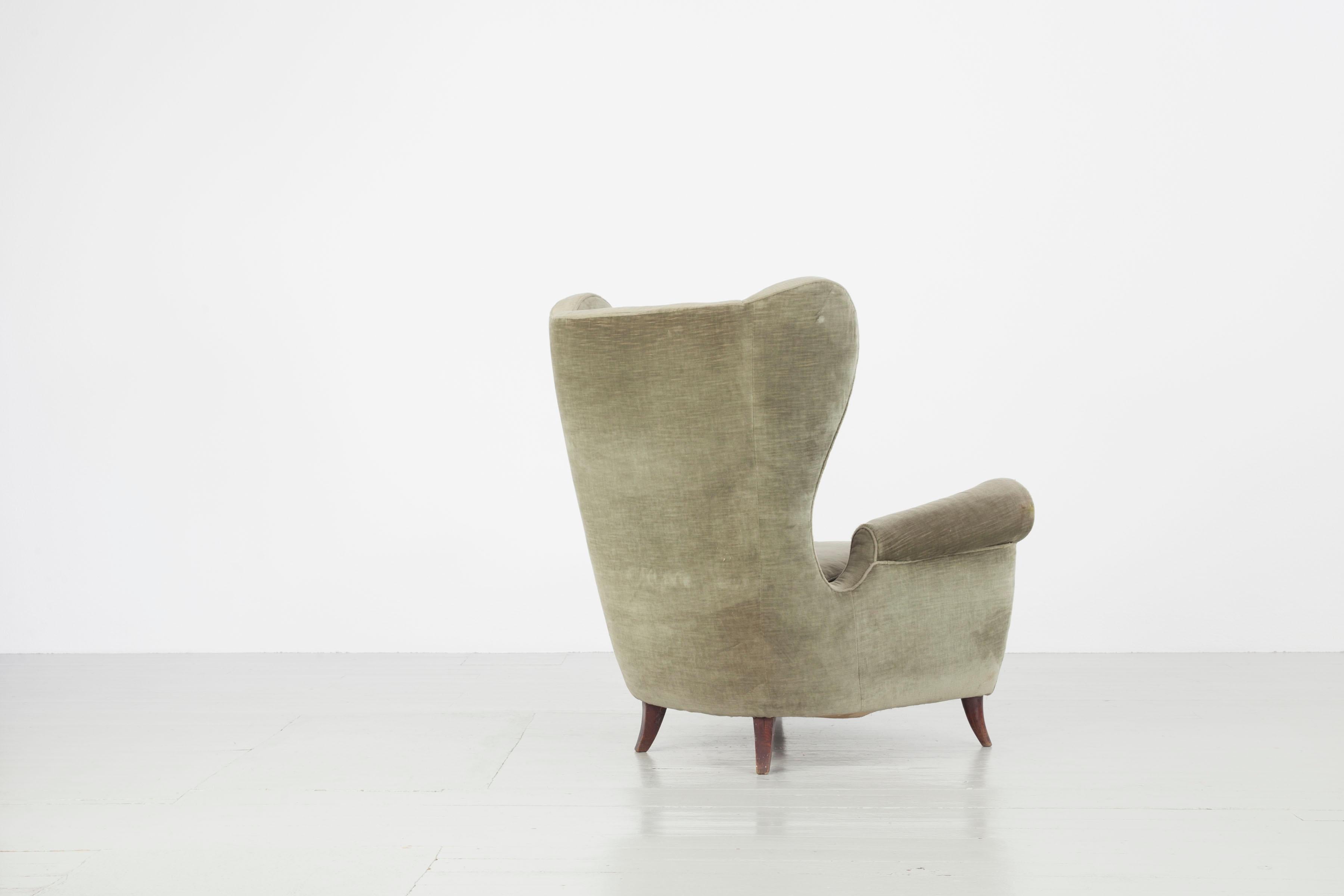 Mid-20th Century Set of Two Italian Armchairs in Original Upholstery of Brown and Green, 1950s