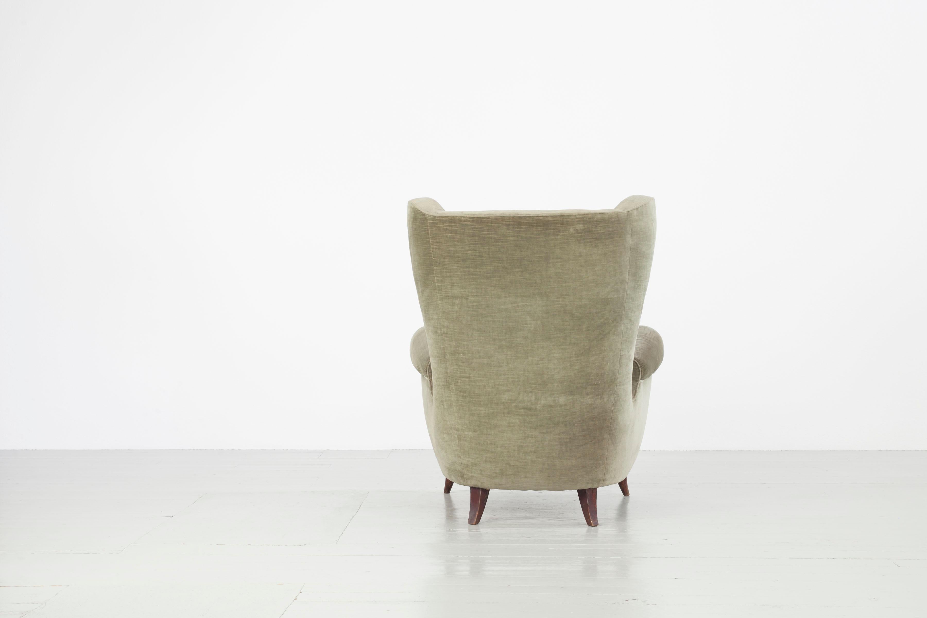 Velvet Set of Two Italian Armchairs in Original Upholstery of Brown and Green, 1950s