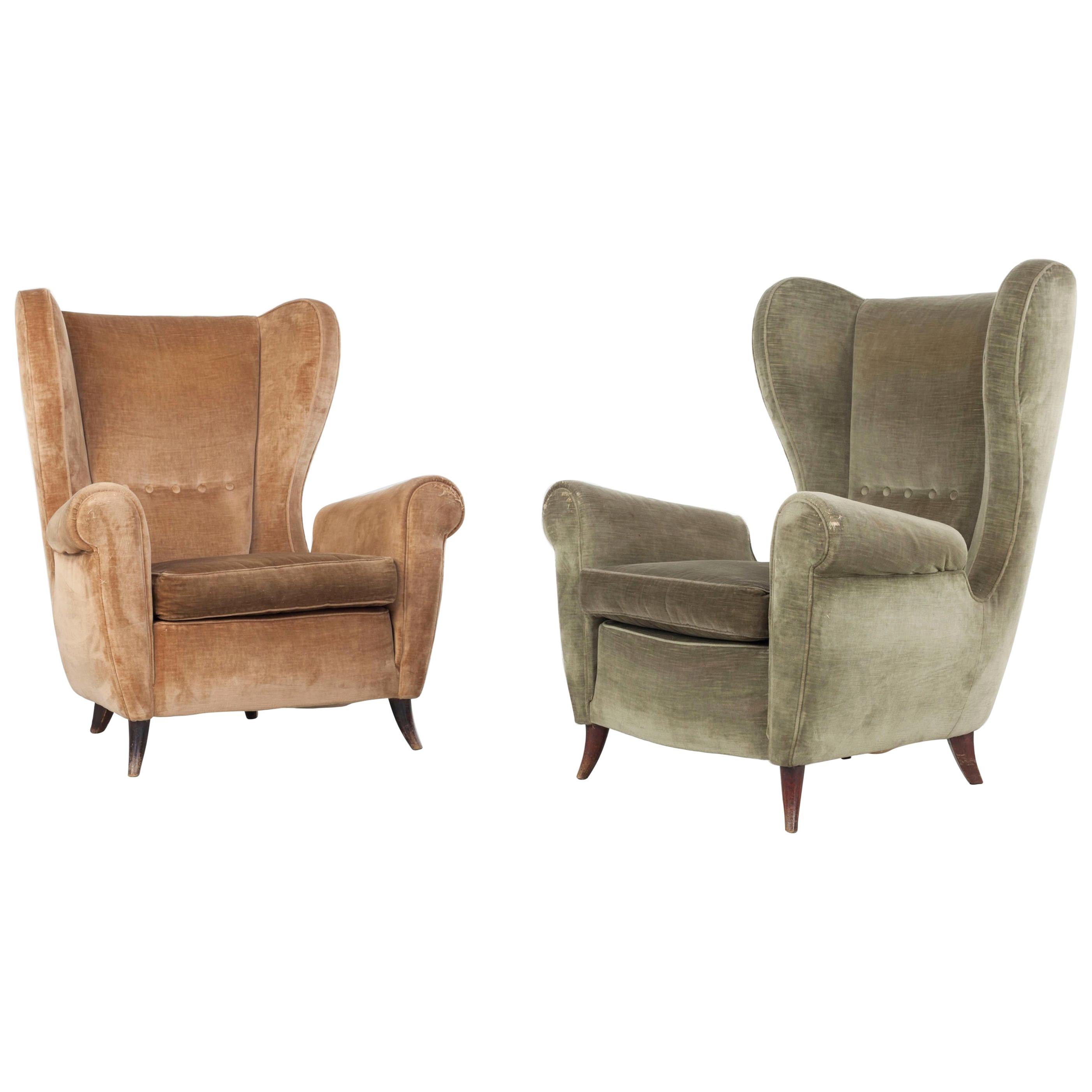 Set of Two Italian Armchairs in Original Upholstery of Brown and Green, 1950s