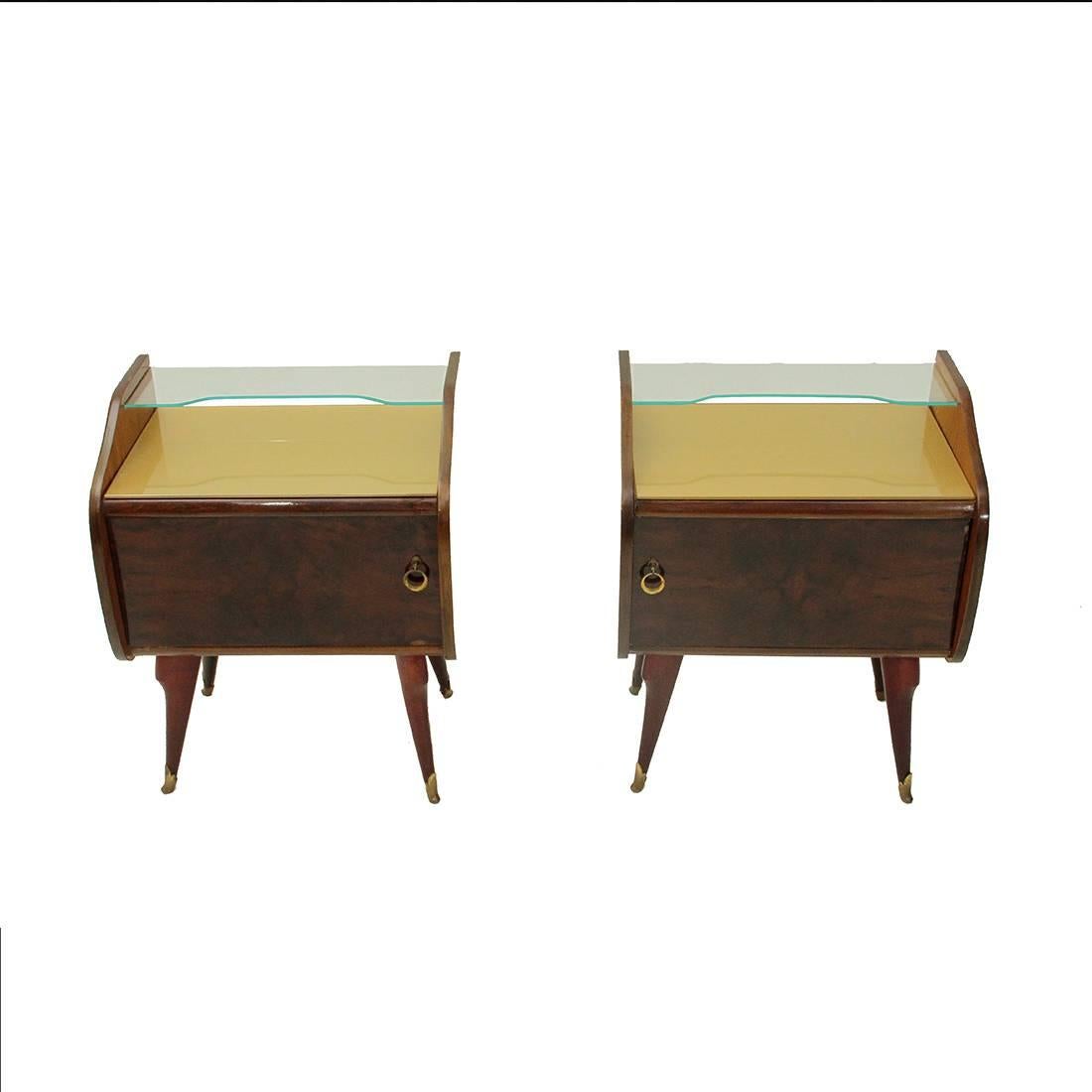 Mid-Century Modern Set of Two Italian Bedside Table with Glass Top, 1950s