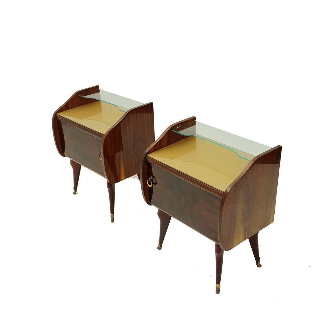 Mid-20th Century Set of Two Italian Bedside Table with Glass Top, 1950s