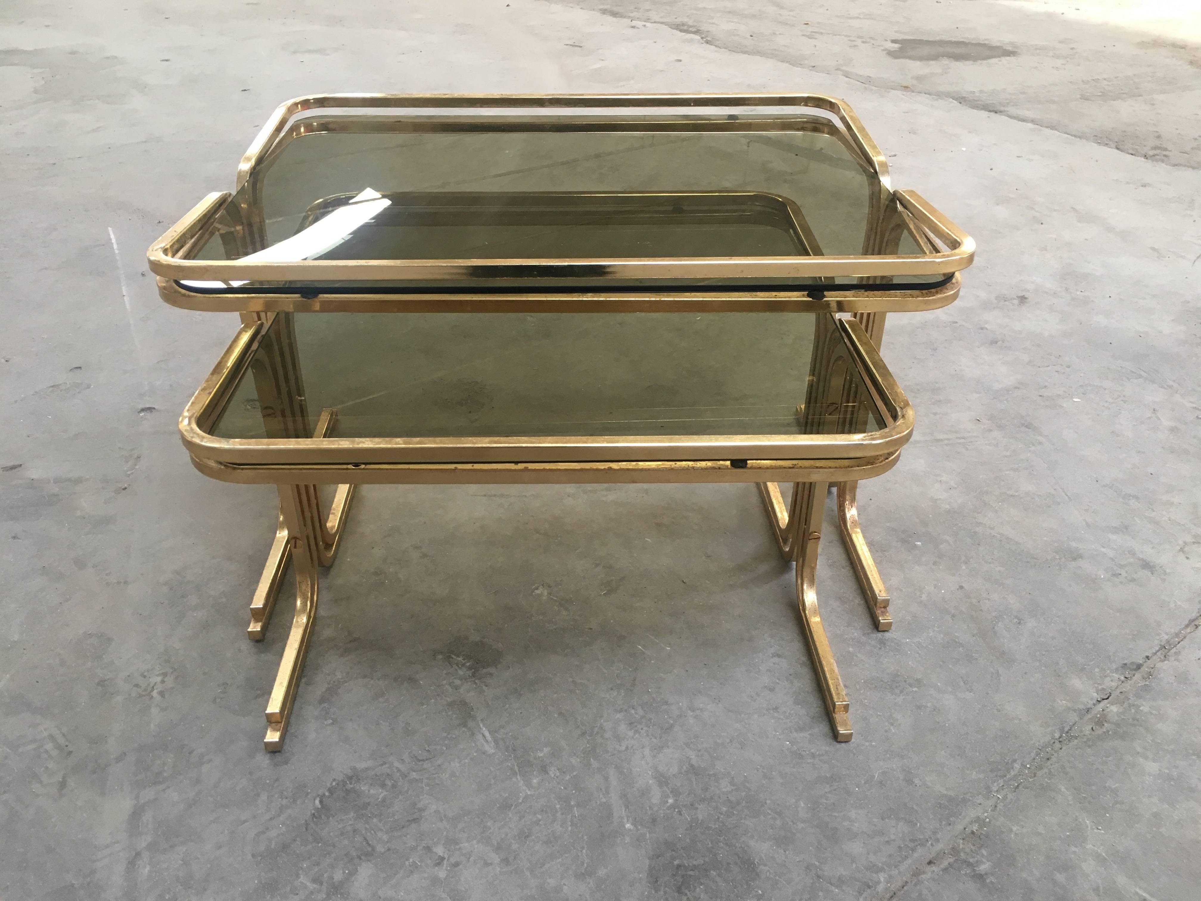 Mid-Century Modern Set of Two Italian Brass Metal Nesting Table with Smoked Glass Top from 1970s