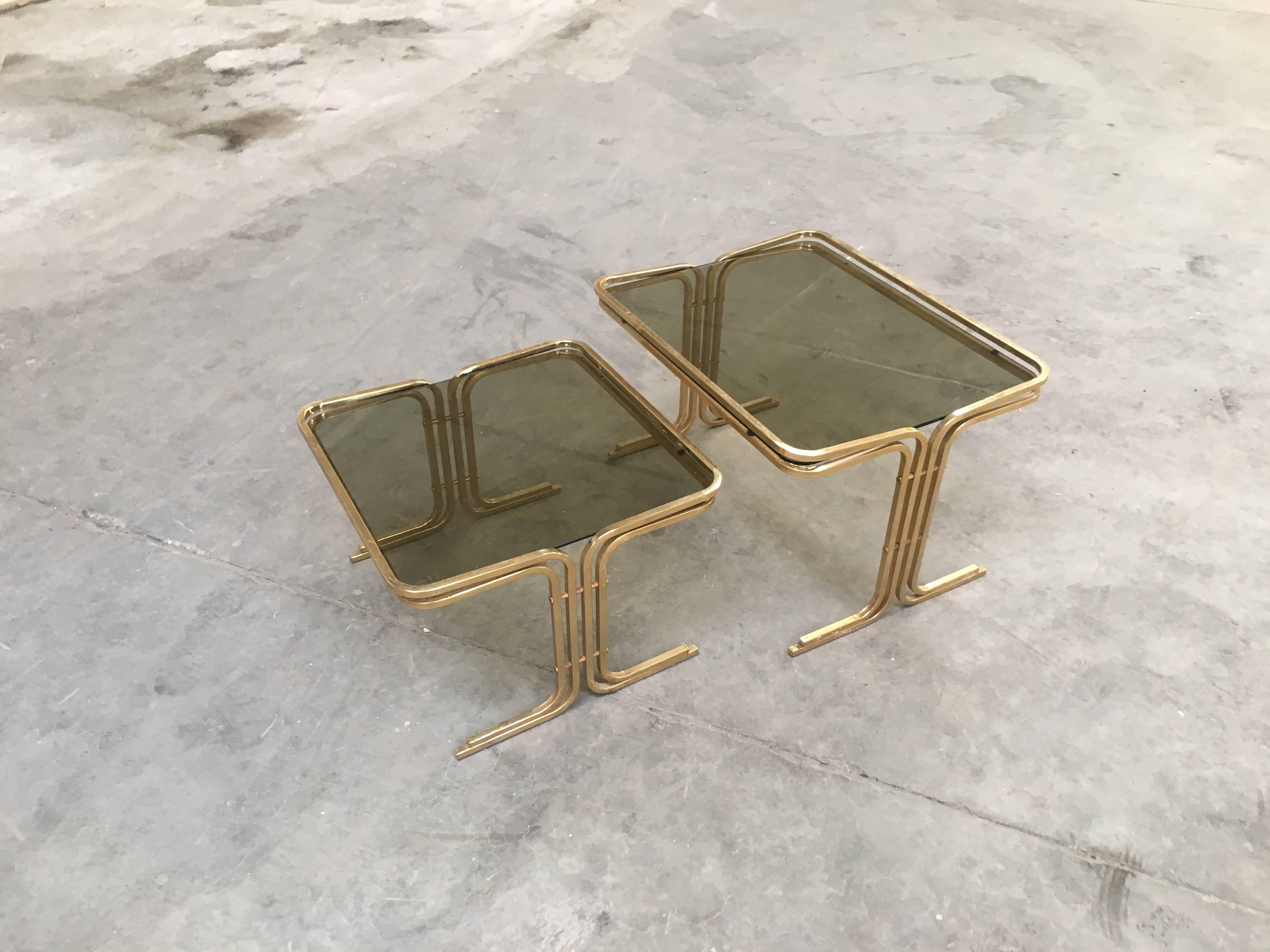Late 20th Century Set of Two Italian Brass Metal Nesting Table with Smoked Glass Top from 1970s
