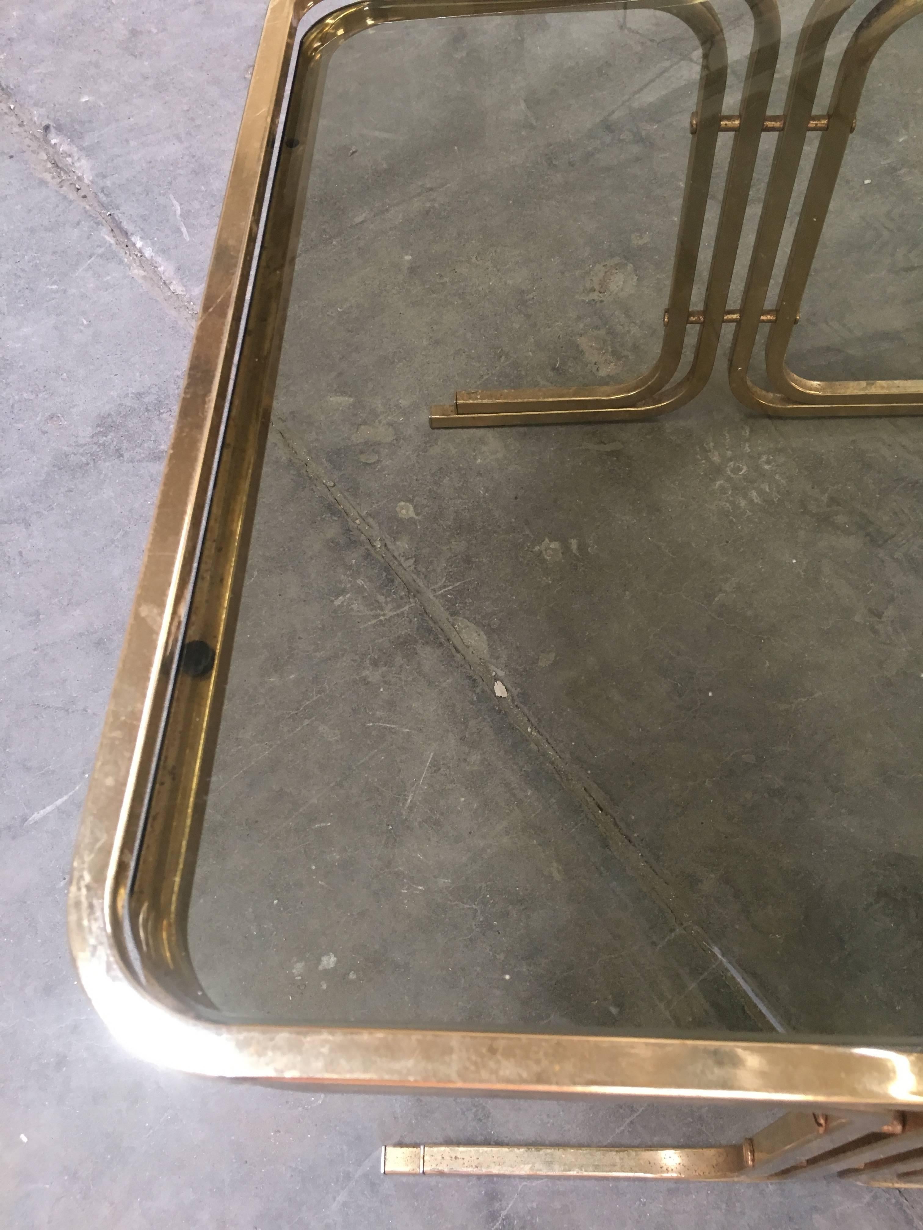 Set of Two Italian Brass Metal Nesting Table with Smoked Glass Top from 1970s 3