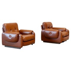 Set aus zwei italienischen cognacfarbenen Leder-Loungesesseln