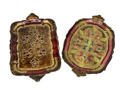 Set di due vassoi da portata in legno dorato fiorentino italiano Toleware Tole, anni '60