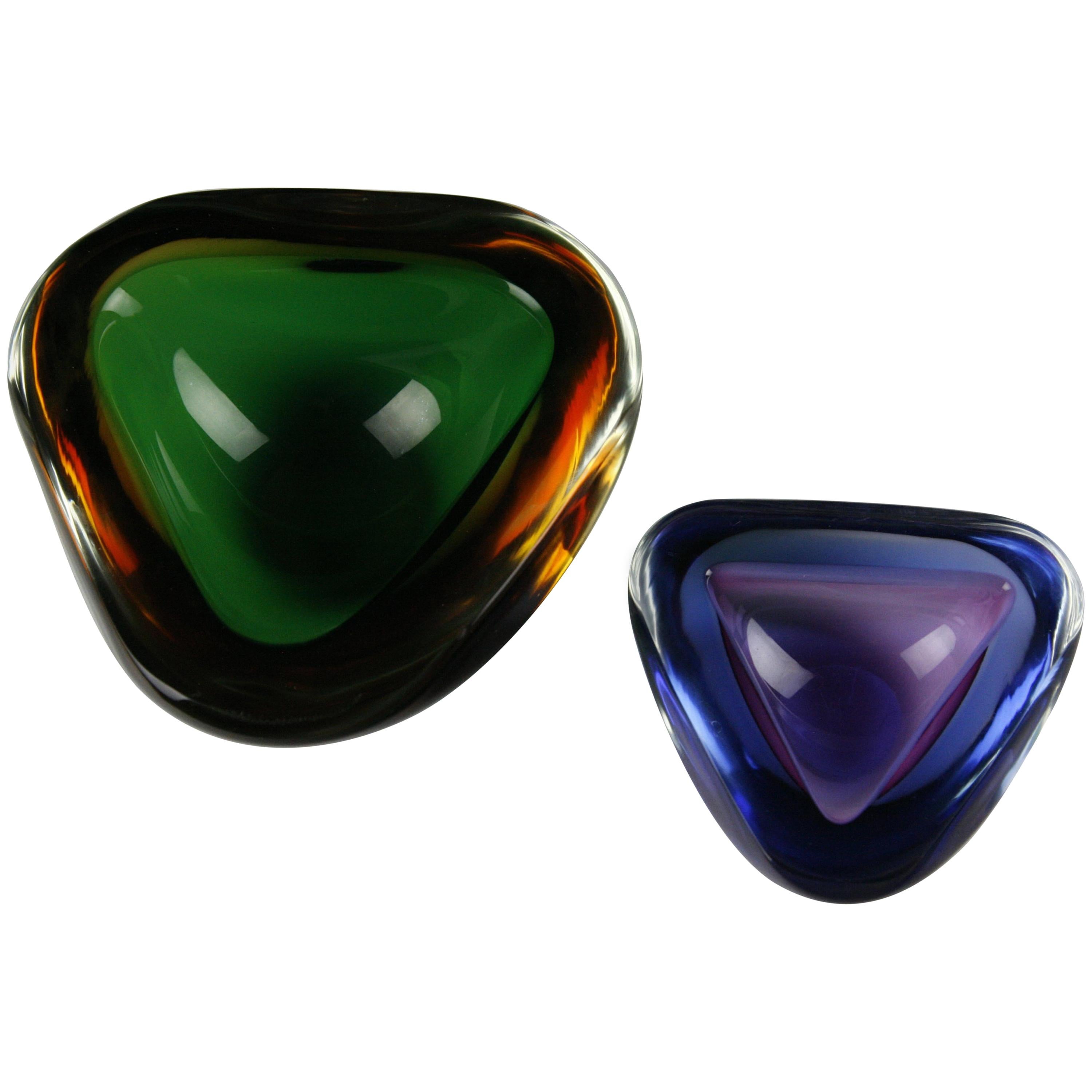 Set of Two Italian Glass Bowls, Green Amber and Purple and Clear, Italy 1960