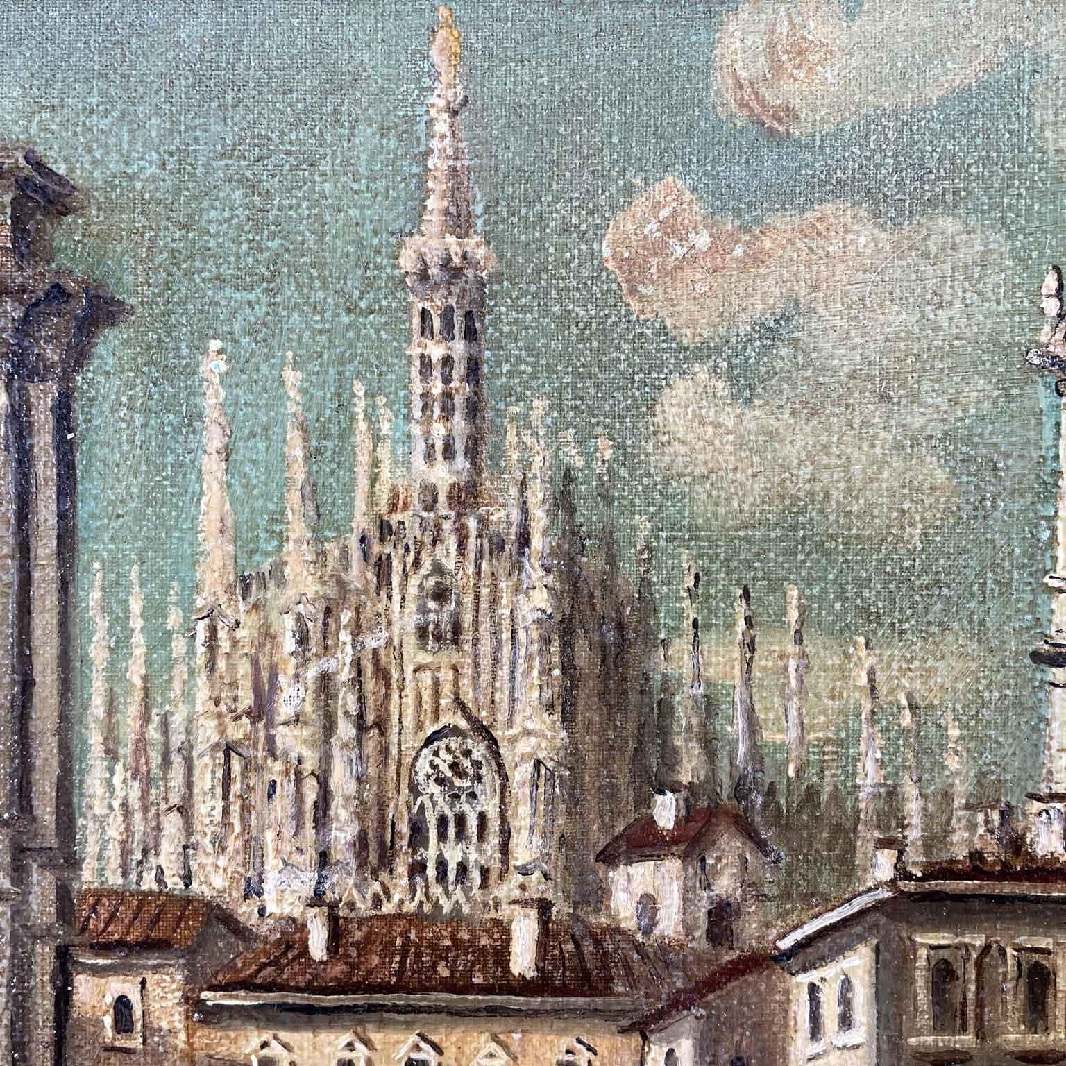 Set of Two Italian Landscape Paintings 1950s circa Milan Duomo Cathedral Views 4