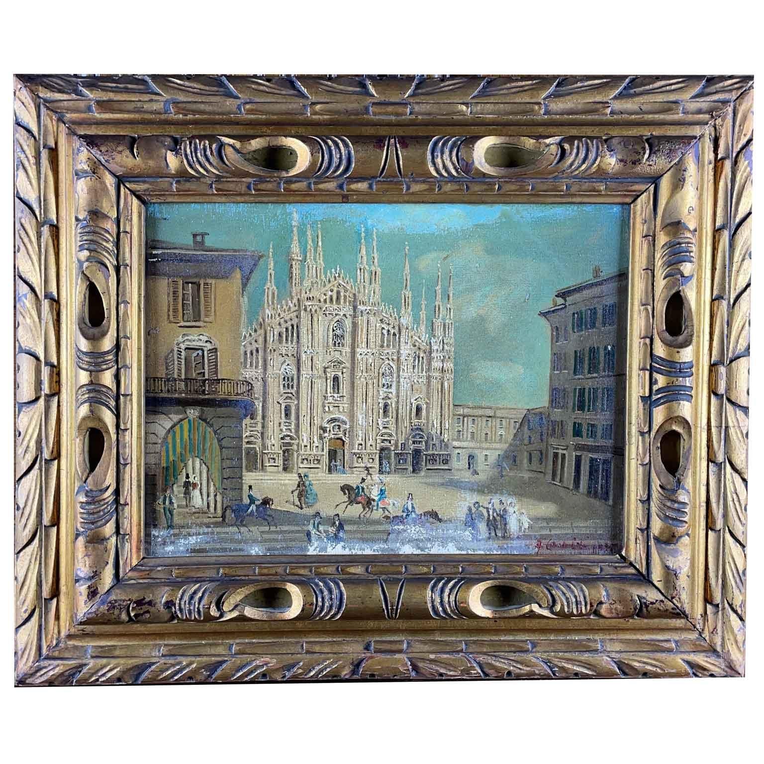 Italian Milan Cathedral Views of Duomo Di Milano, a set of two Italian landscapes, very decorative paintings dating back to 1950s circa, a pair of oil on canvas paintings within carved and giltwood frames.

Signed and dated, we are sure signature