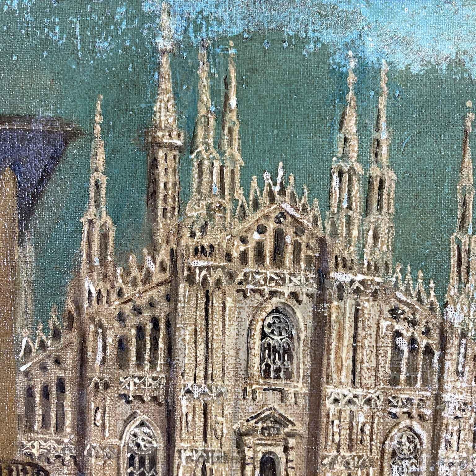 Grand Tour Set of Two Italian Landscape Paintings 1950s circa Milan Duomo Cathedral Views